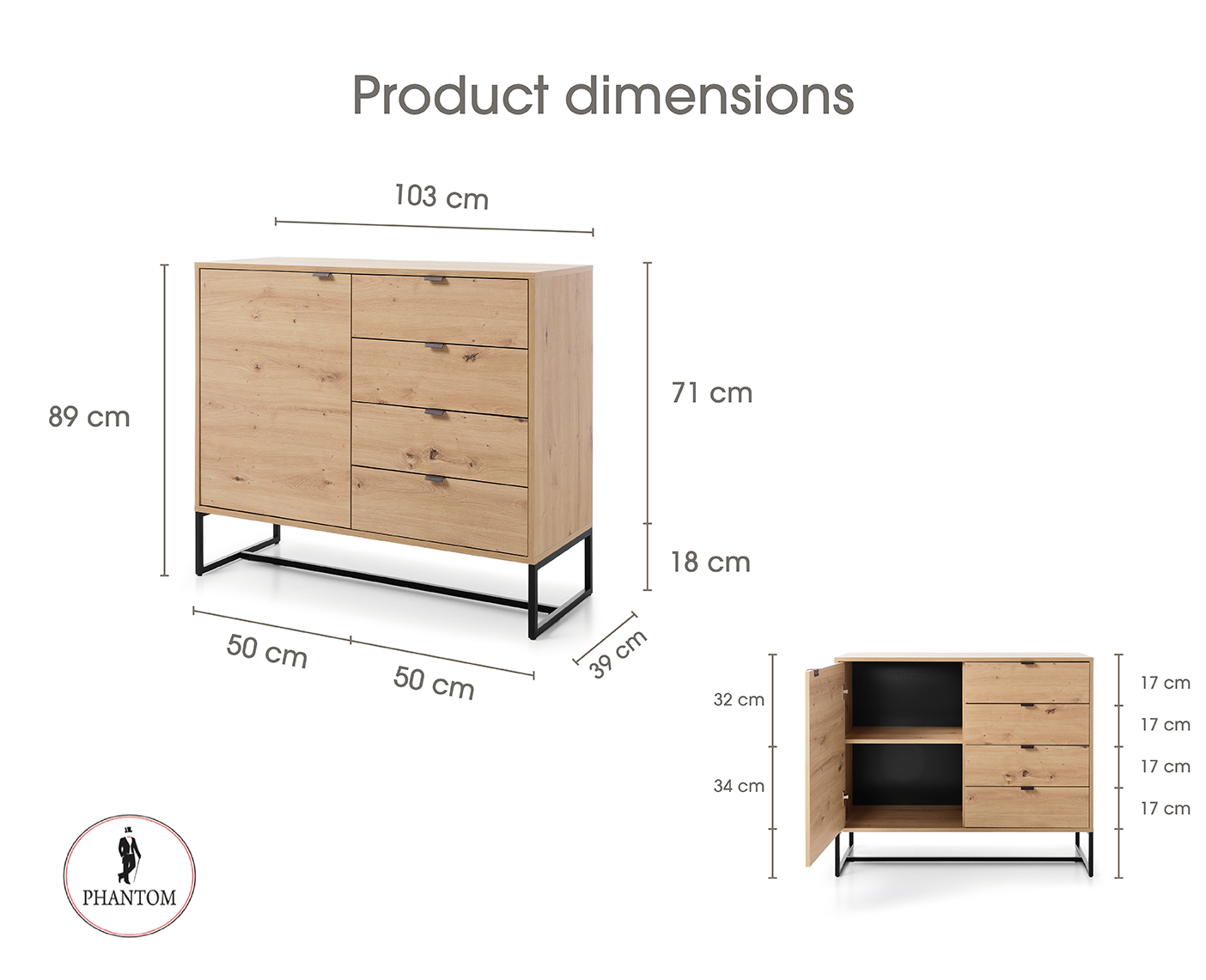 Amber Dresser 103 - Chest of Drawers with One Door and Three Drawers