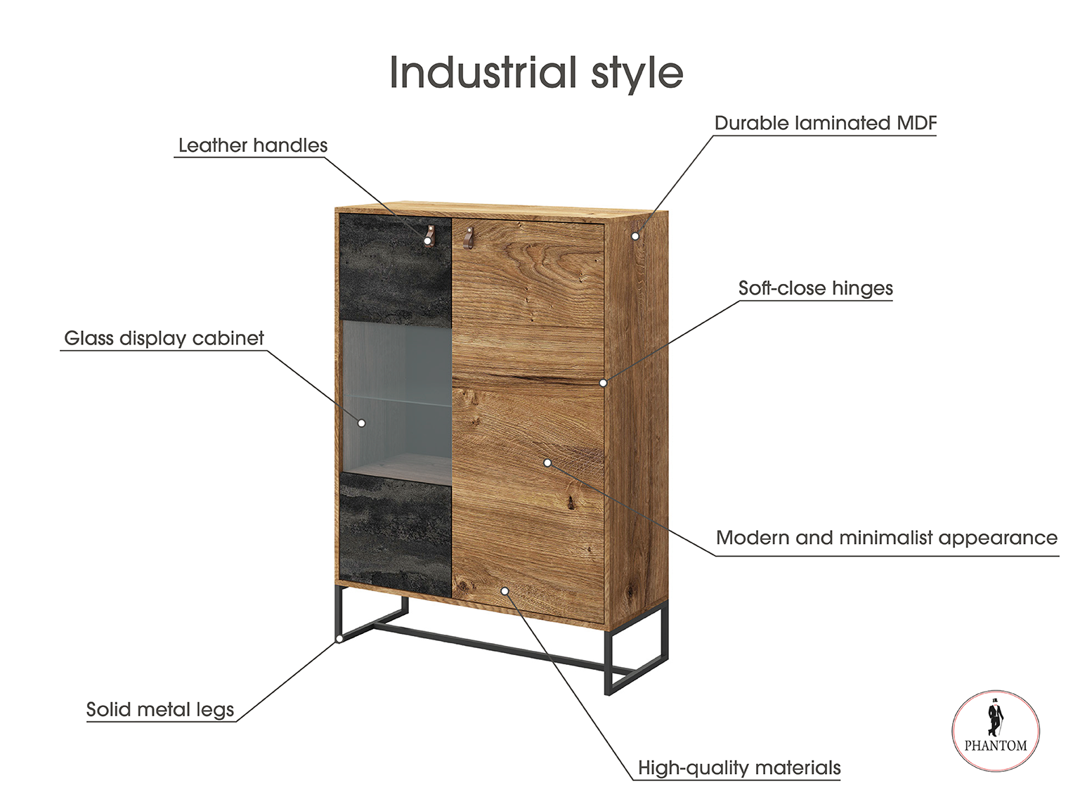 Dark Cabinet 93 - Two-Door Storage Cabinet with Glass Showcase