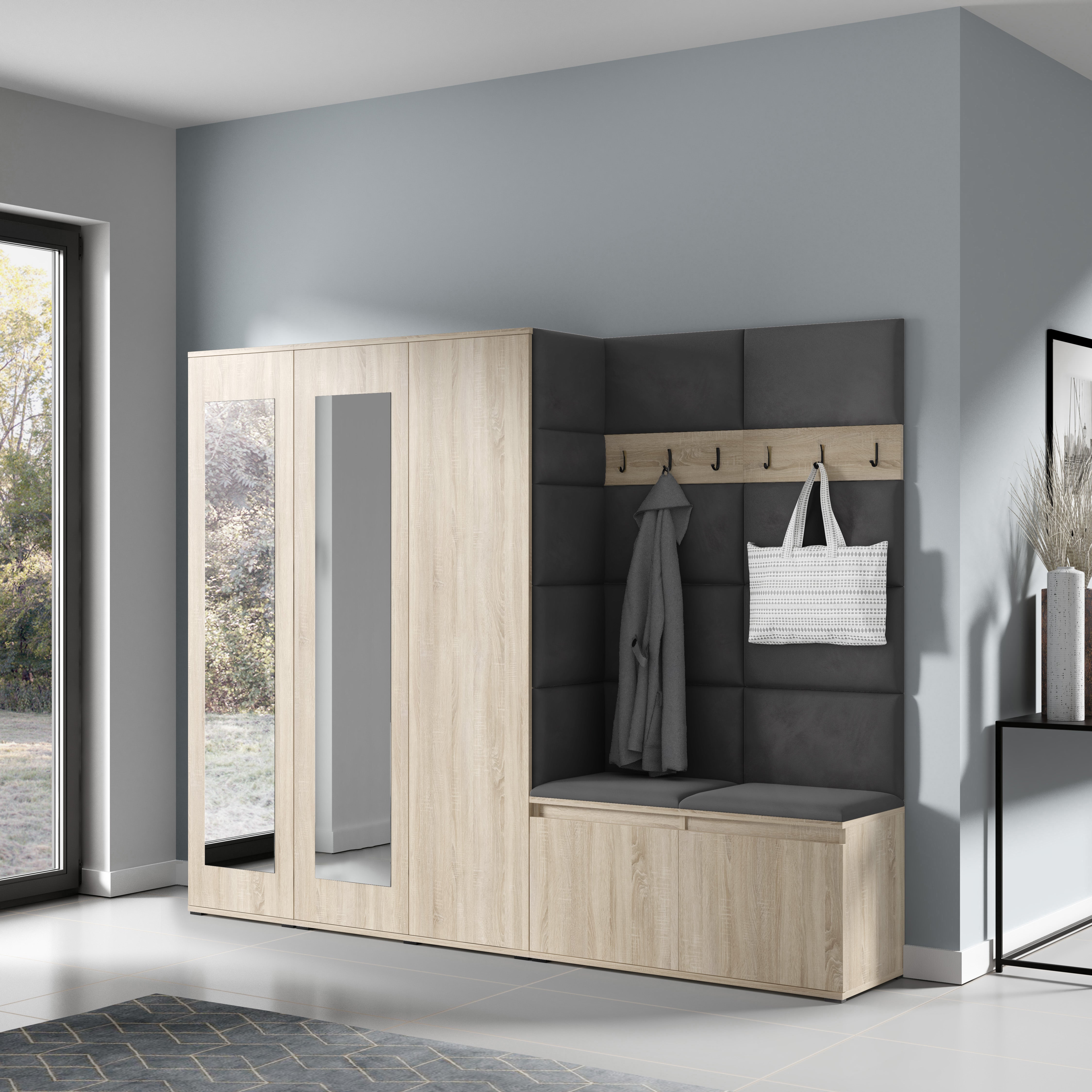 PK Emi 15 Hallway Wardrobe Sonoma Oak - Upholstered Panels in Various Colours