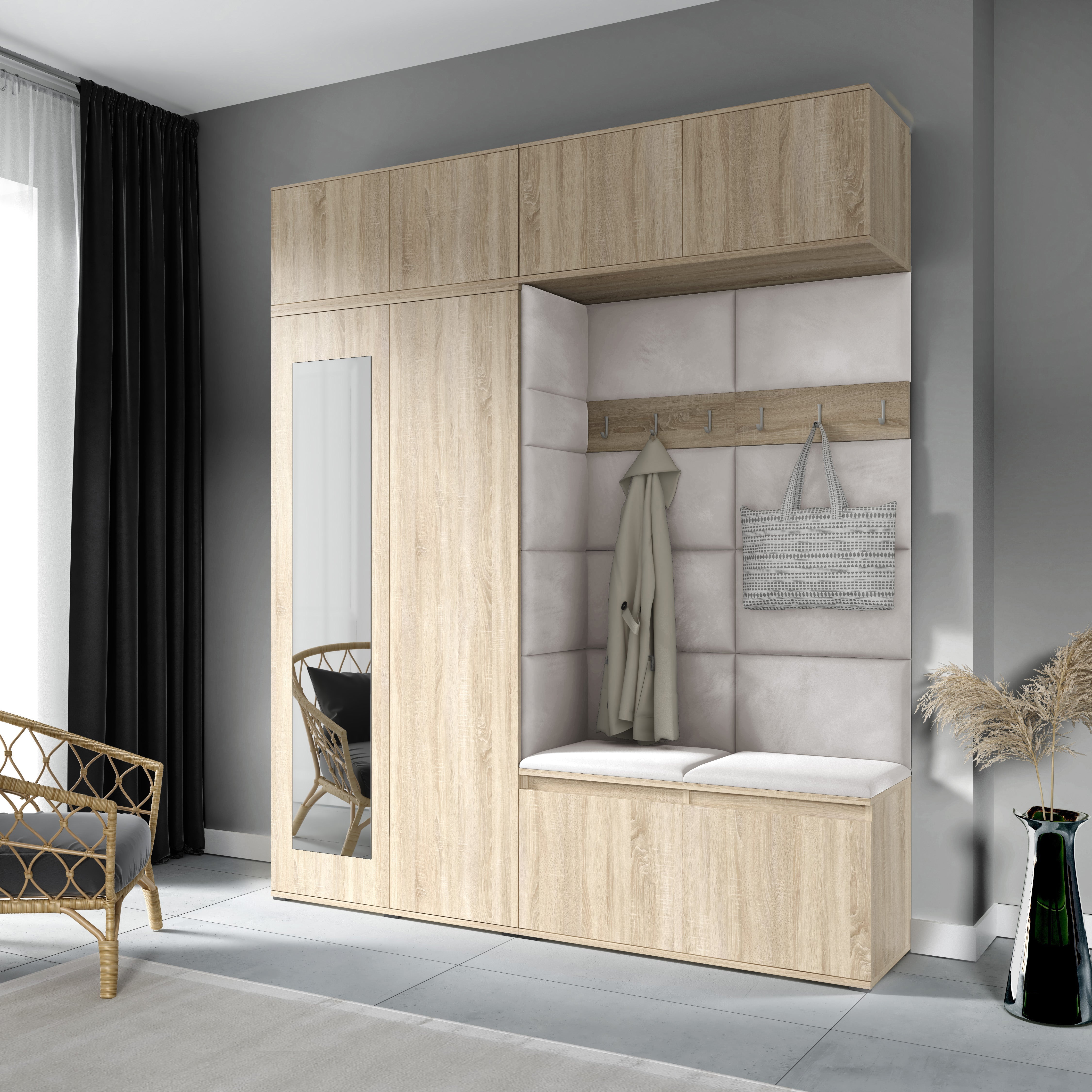 PK Emi 16 Hallway Wardrobe Sonoma Oak - Upholstered Panels in Various Colours