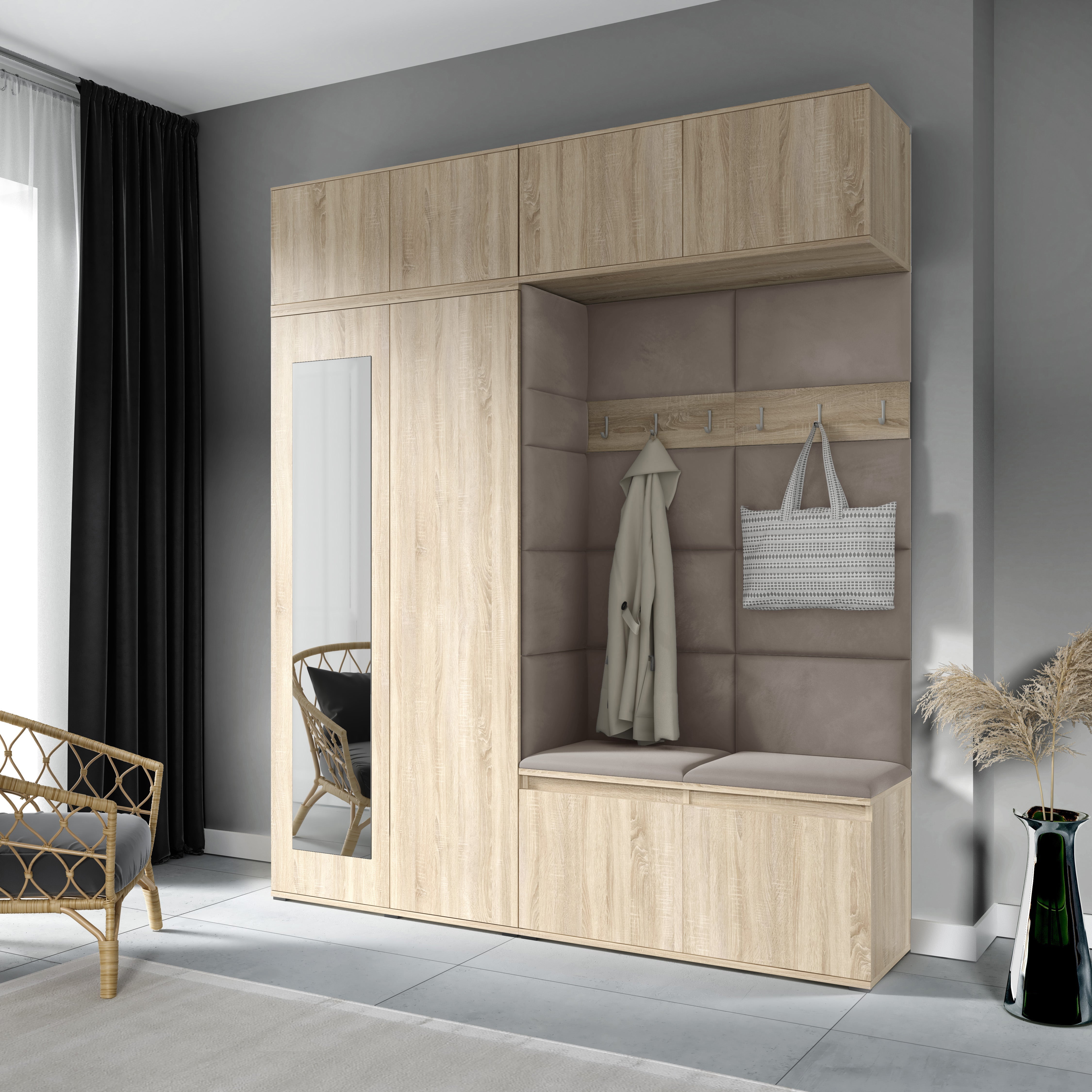 PK Emi 16 Hallway Wardrobe Sonoma Oak - Upholstered Panels in Various Colours