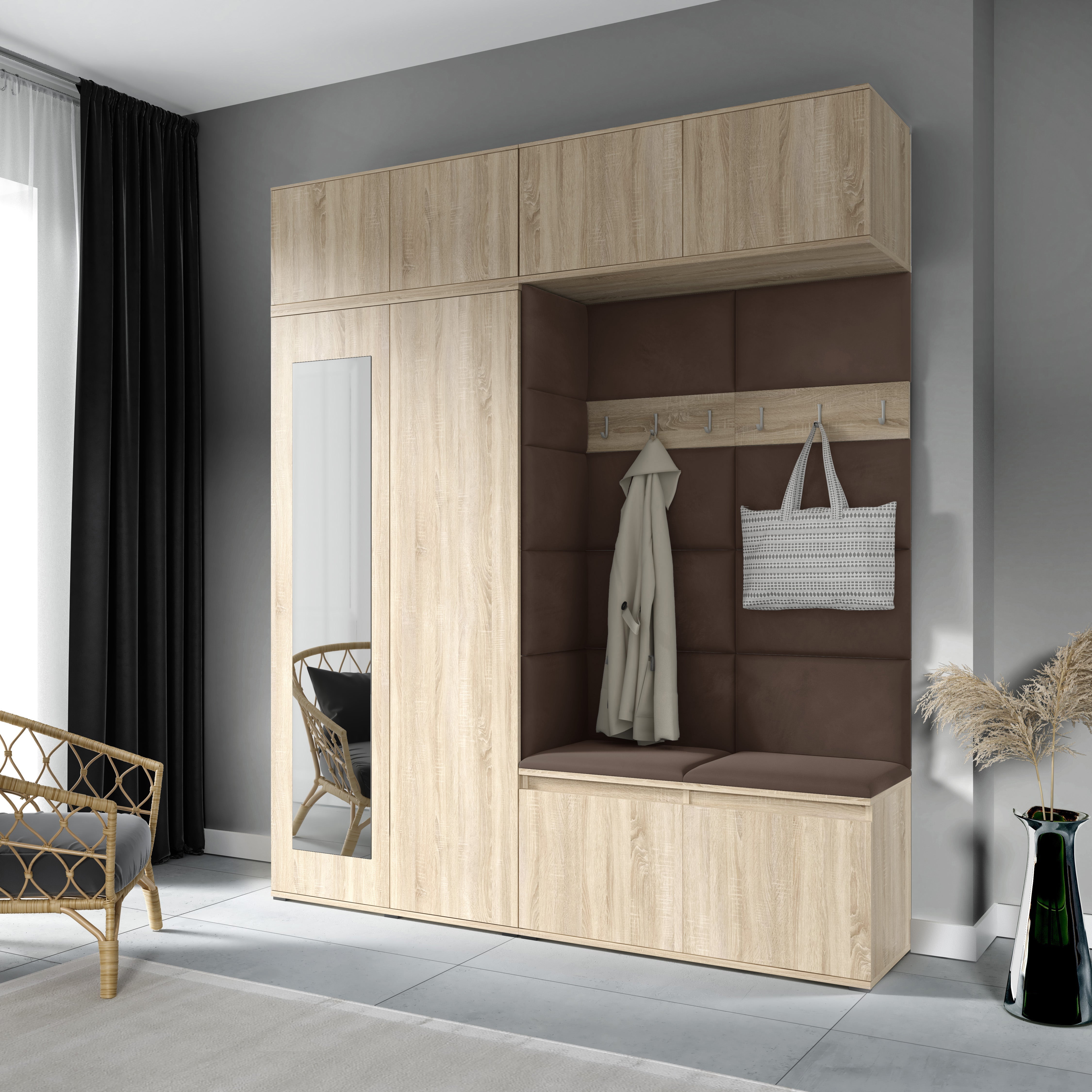 PK Emi 16 Hallway Wardrobe Sonoma Oak - Upholstered Panels in Various Colours