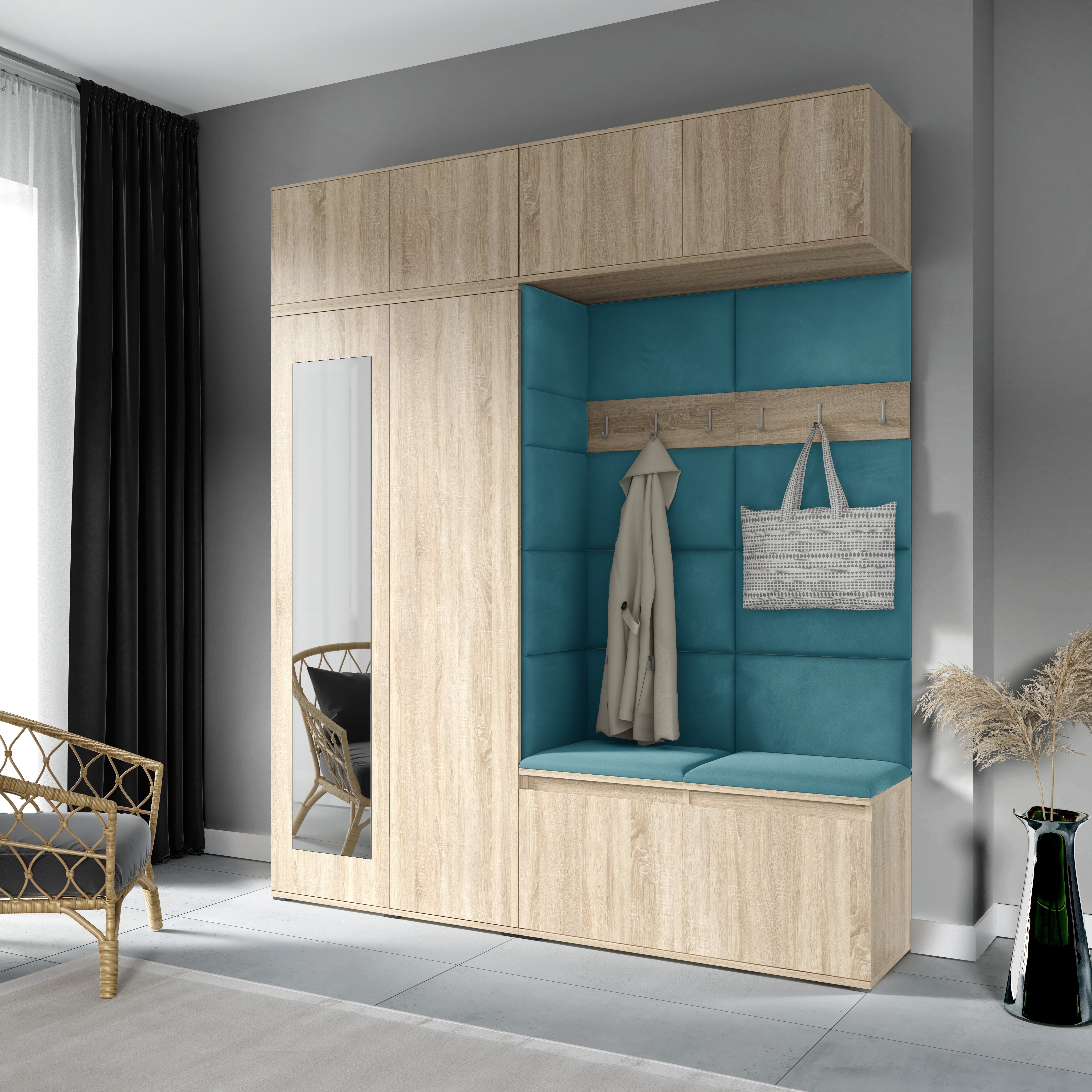 PK Emi 16 Hallway Wardrobe Sonoma Oak - Upholstered Panels in Various Colours