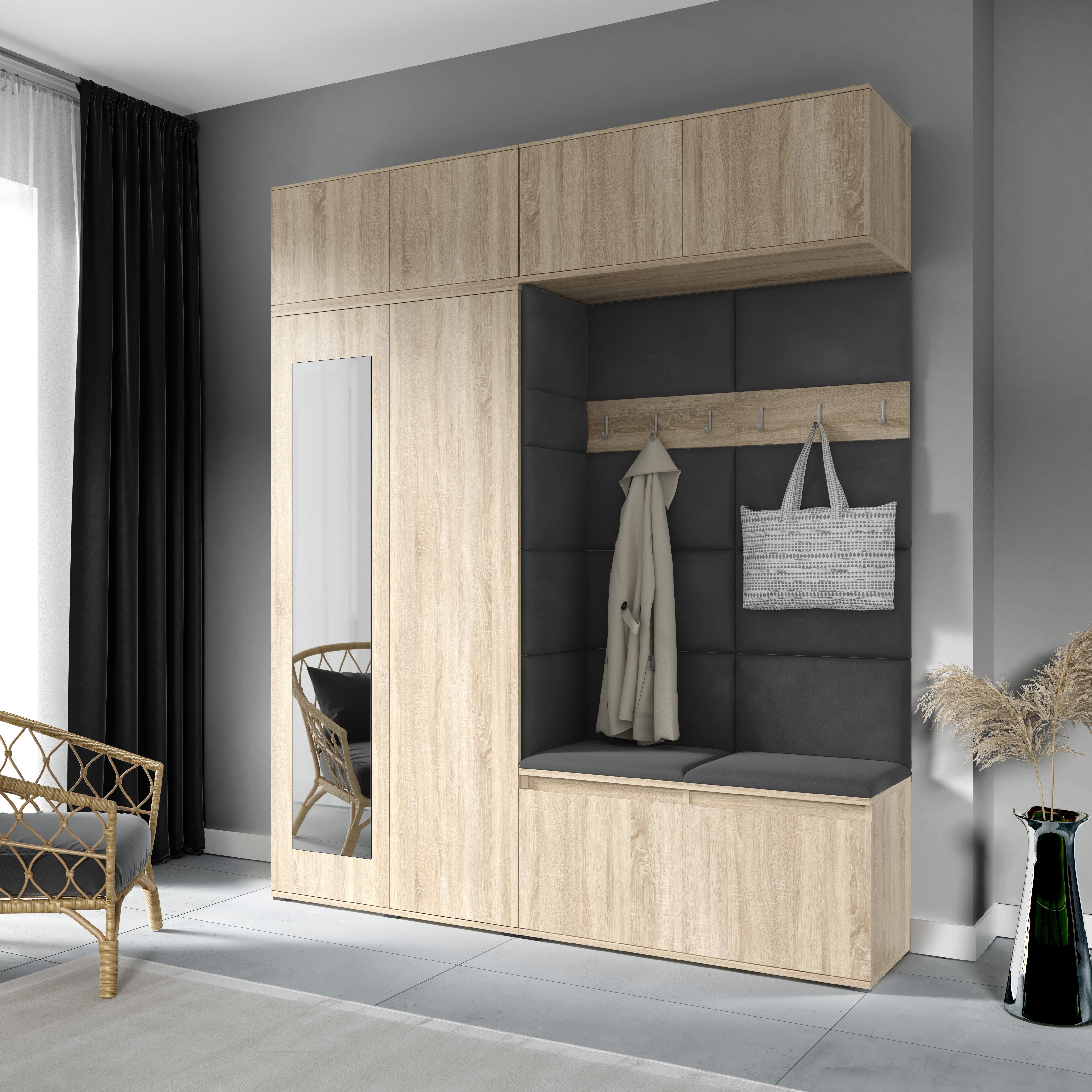 PK Emi 16 Hallway Wardrobe Sonoma Oak - Upholstered Panels in Various Colours