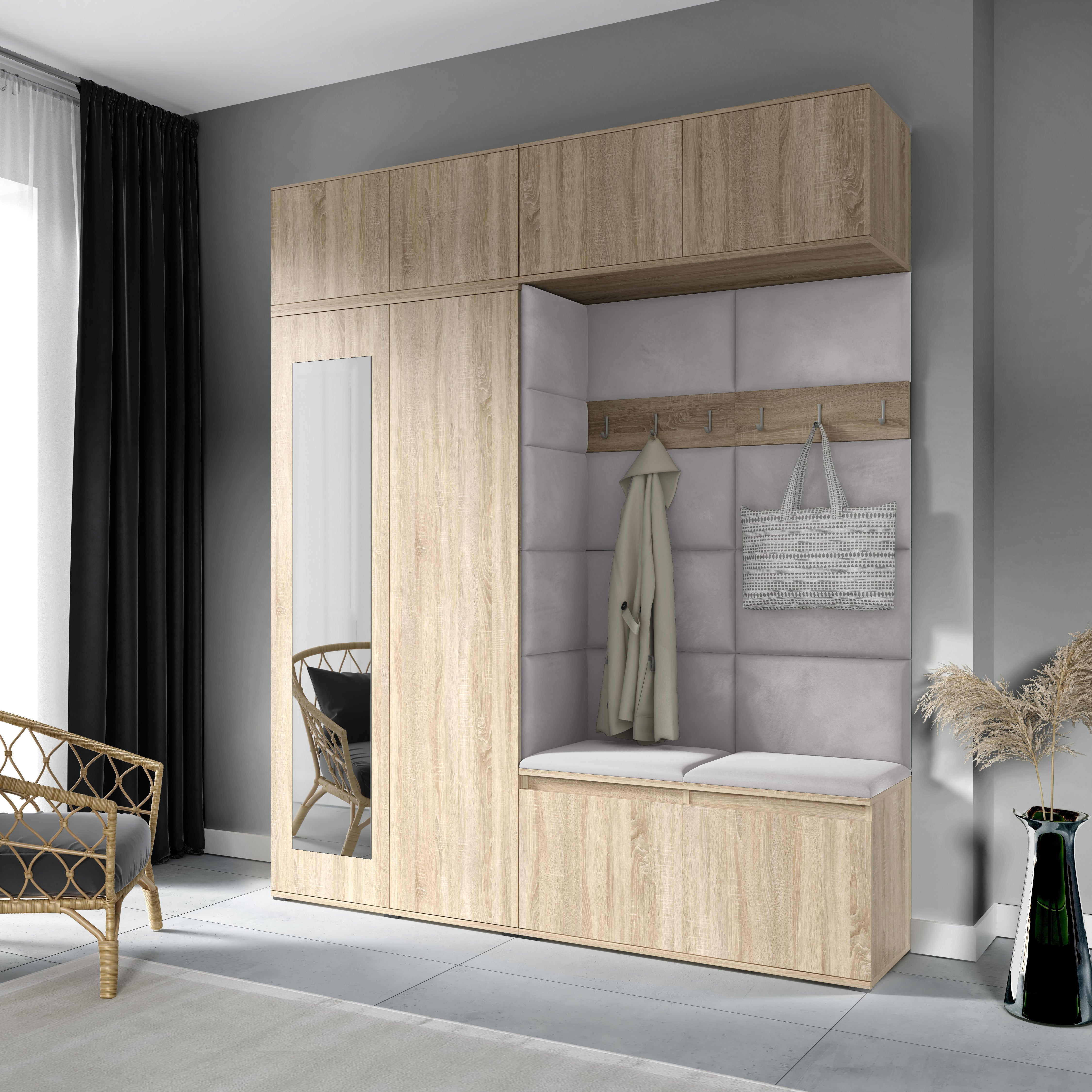 PK Emi 16 Hallway Wardrobe Sonoma Oak - Upholstered Panels in Various Colours