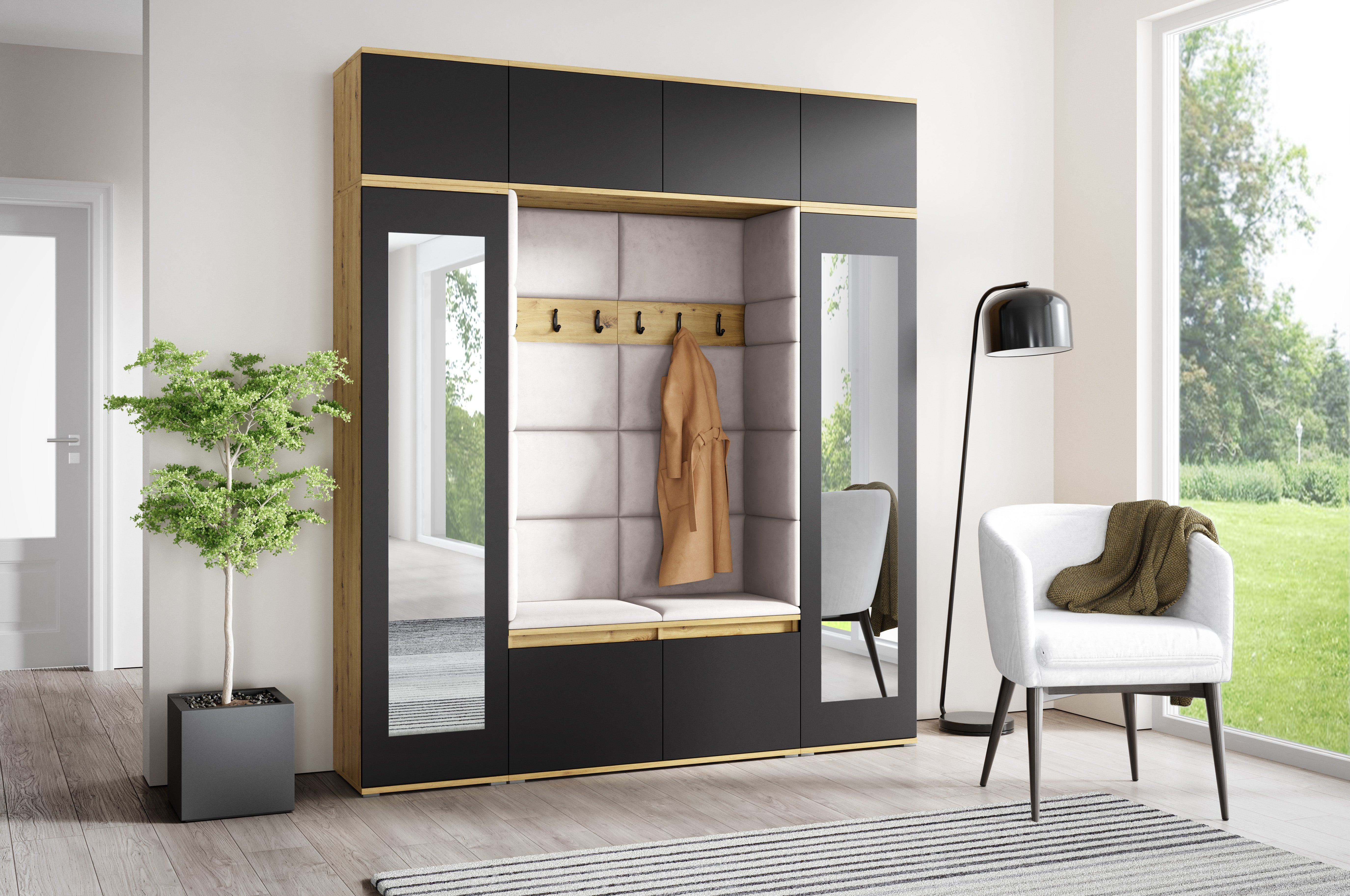 PK Emi 32 Hallway Wardrobe Aristan Oak\ Black- Upholstered Panels in Various Colours