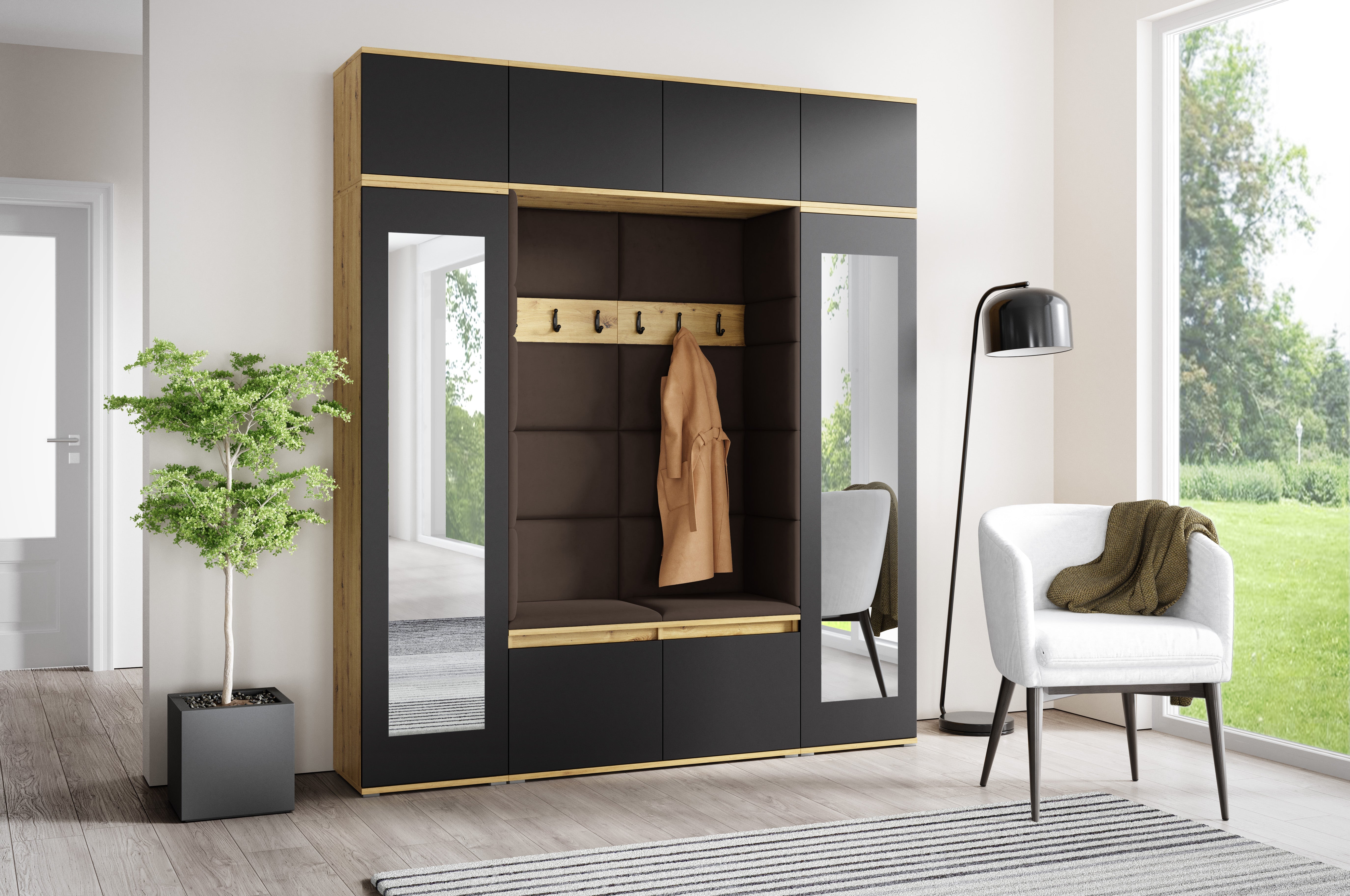 PK Emi 32 Hallway Wardrobe Aristan Oak\ Black- Upholstered Panels in Various Colours