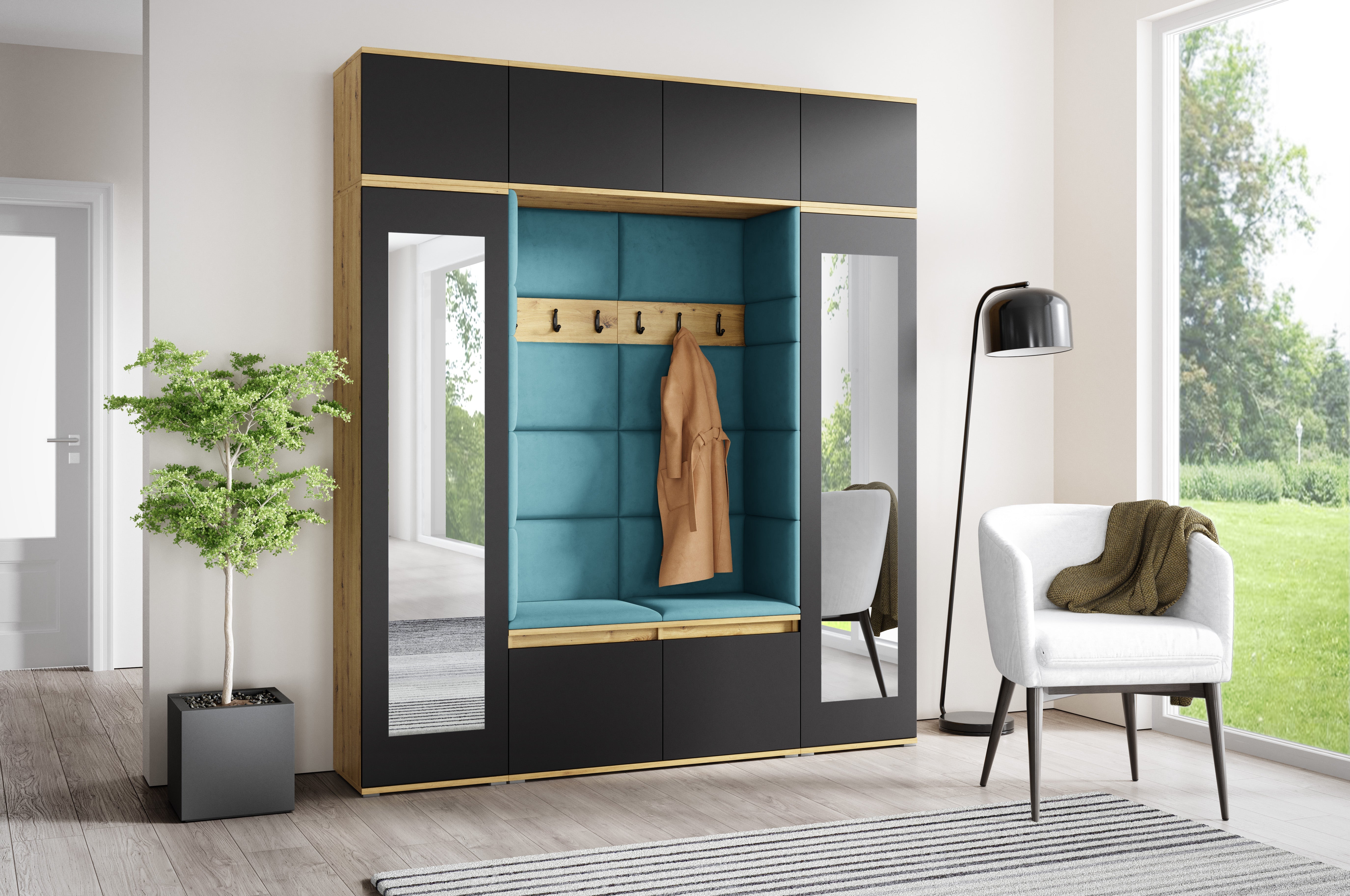 PK Emi 32 Hallway Wardrobe Aristan Oak\ Black- Upholstered Panels in Various Colours