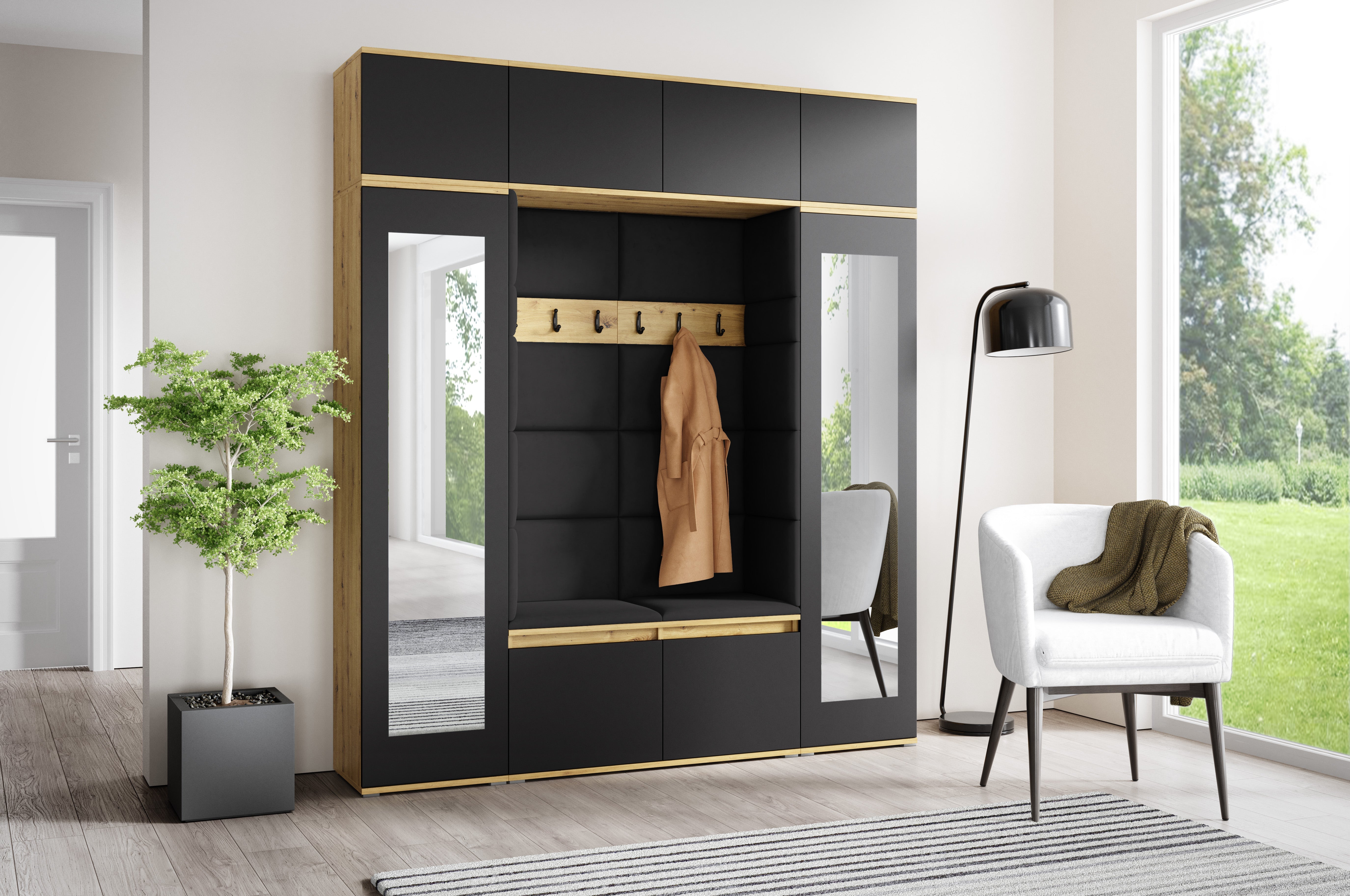 PK Emi 32 Hallway Wardrobe Aristan Oak\ Black- Upholstered Panels in Various Colours