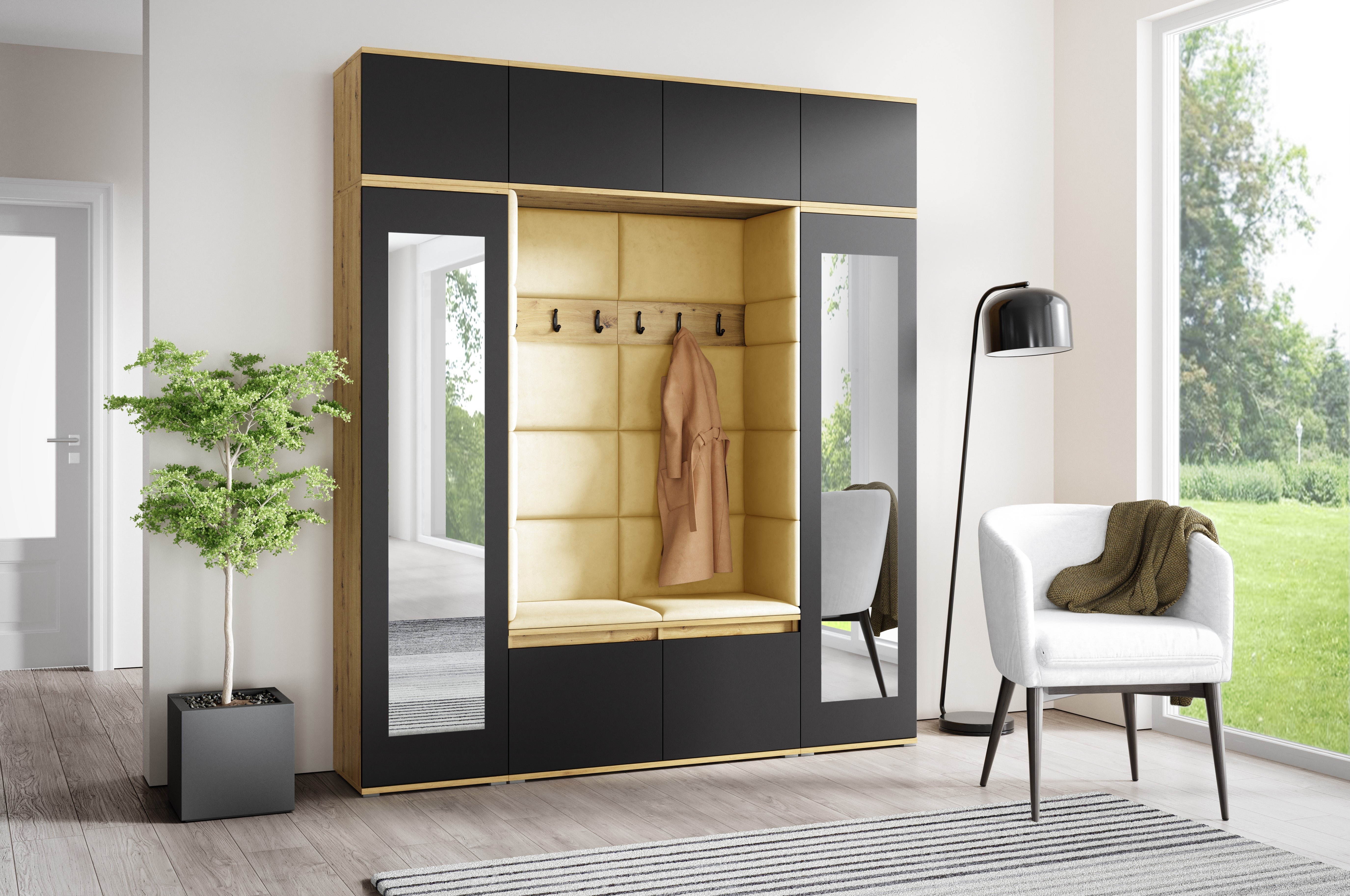 PK Emi 32 Hallway Wardrobe Aristan Oak\ Black- Upholstered Panels in Various Colours