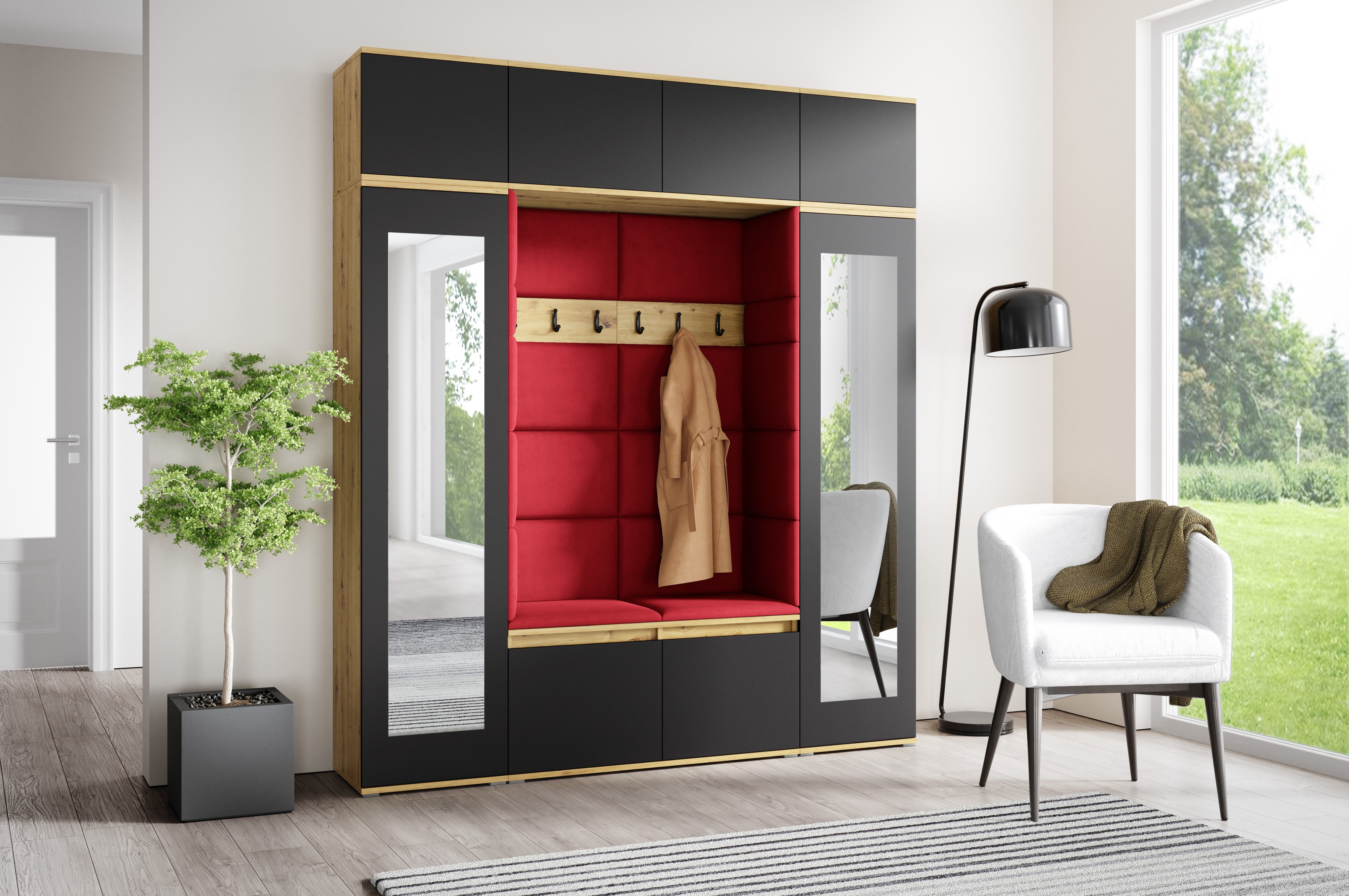 PK Emi 32 Hallway Wardrobe Aristan Oak\ Black- Upholstered Panels in Various Colours