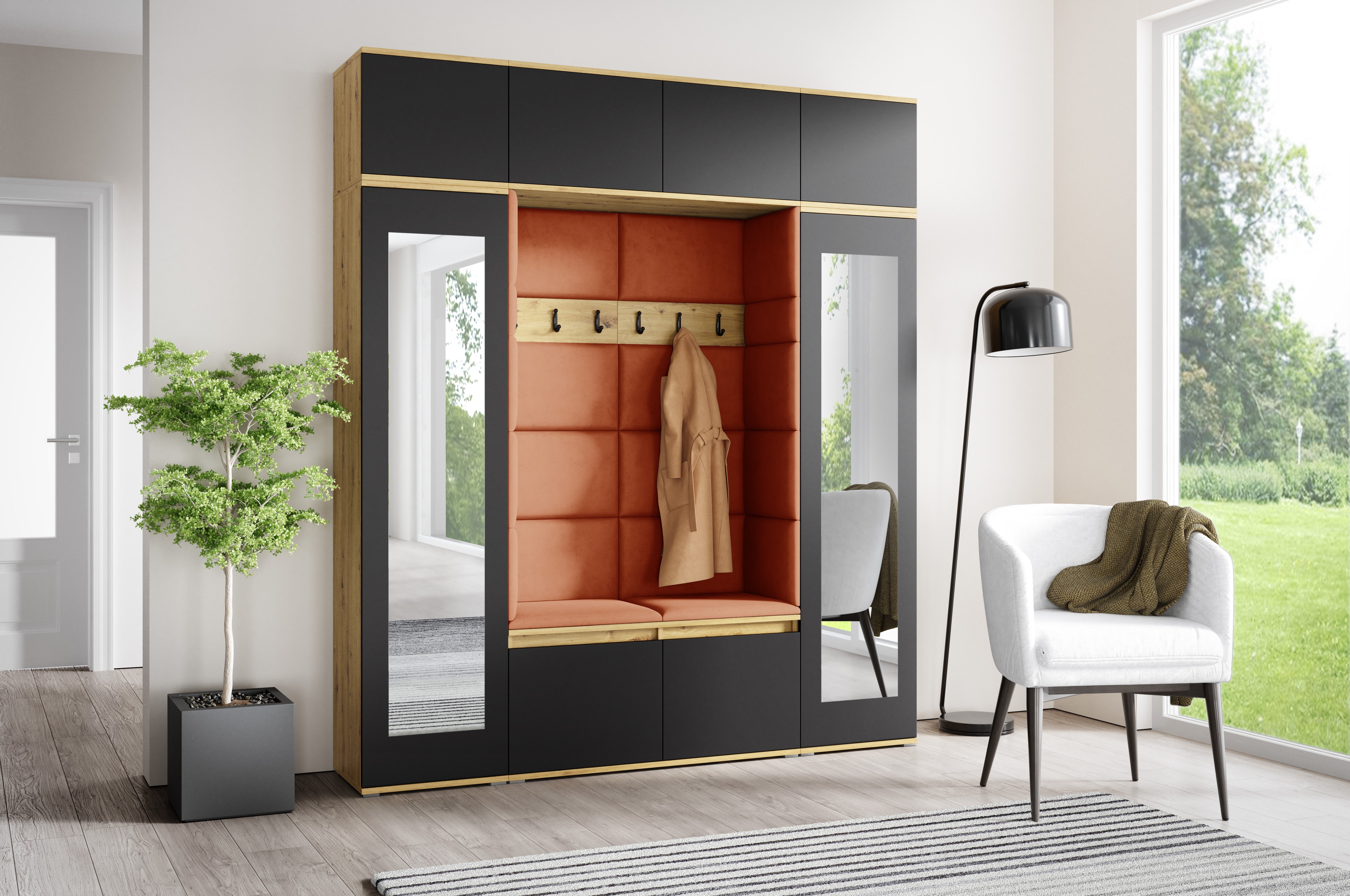 PK Emi 32 Hallway Wardrobe Aristan Oak\ Black- Upholstered Panels in Various Colours