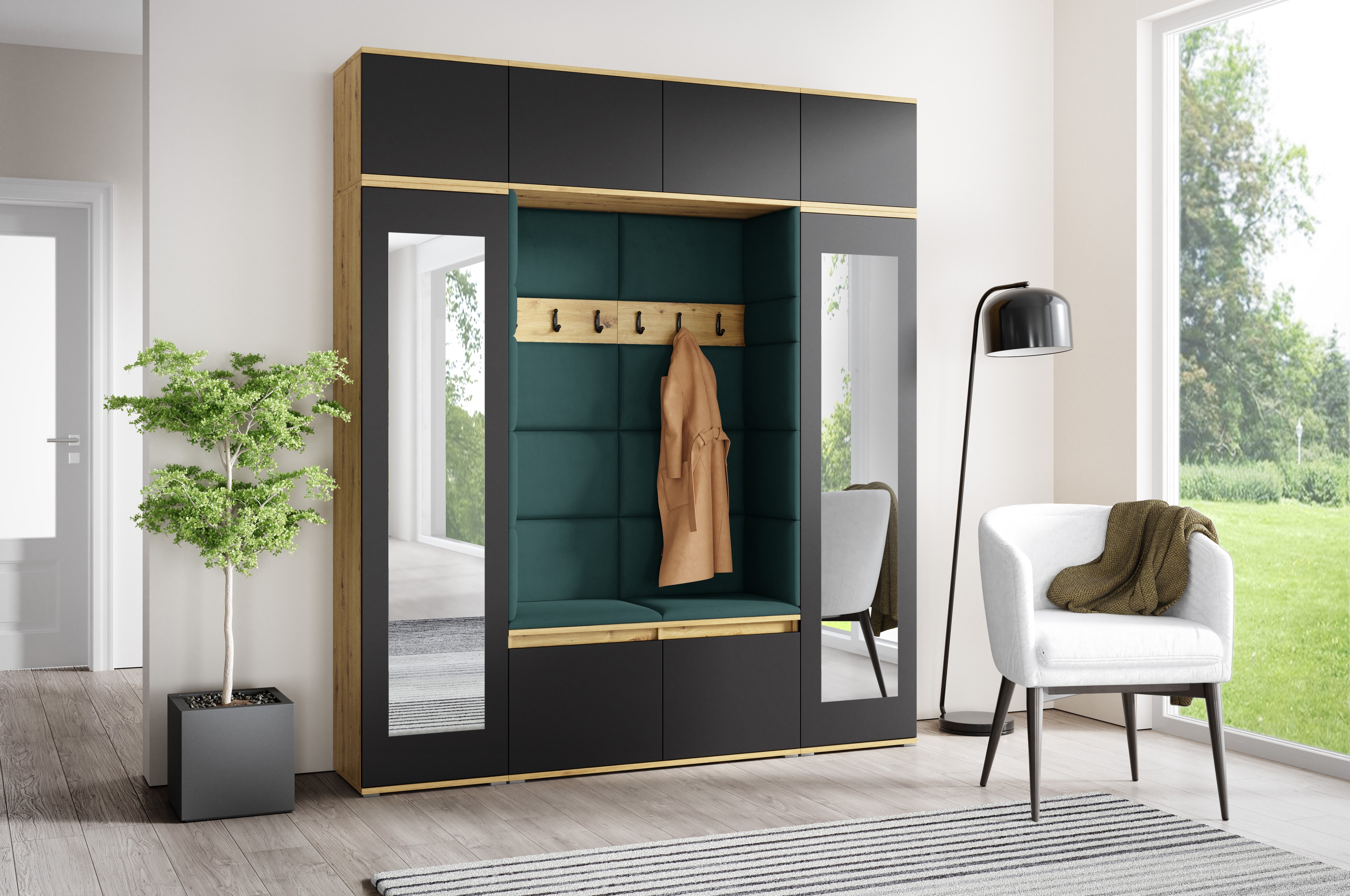 PK Emi 32 Hallway Wardrobe Aristan Oak\ Black- Upholstered Panels in Various Colours