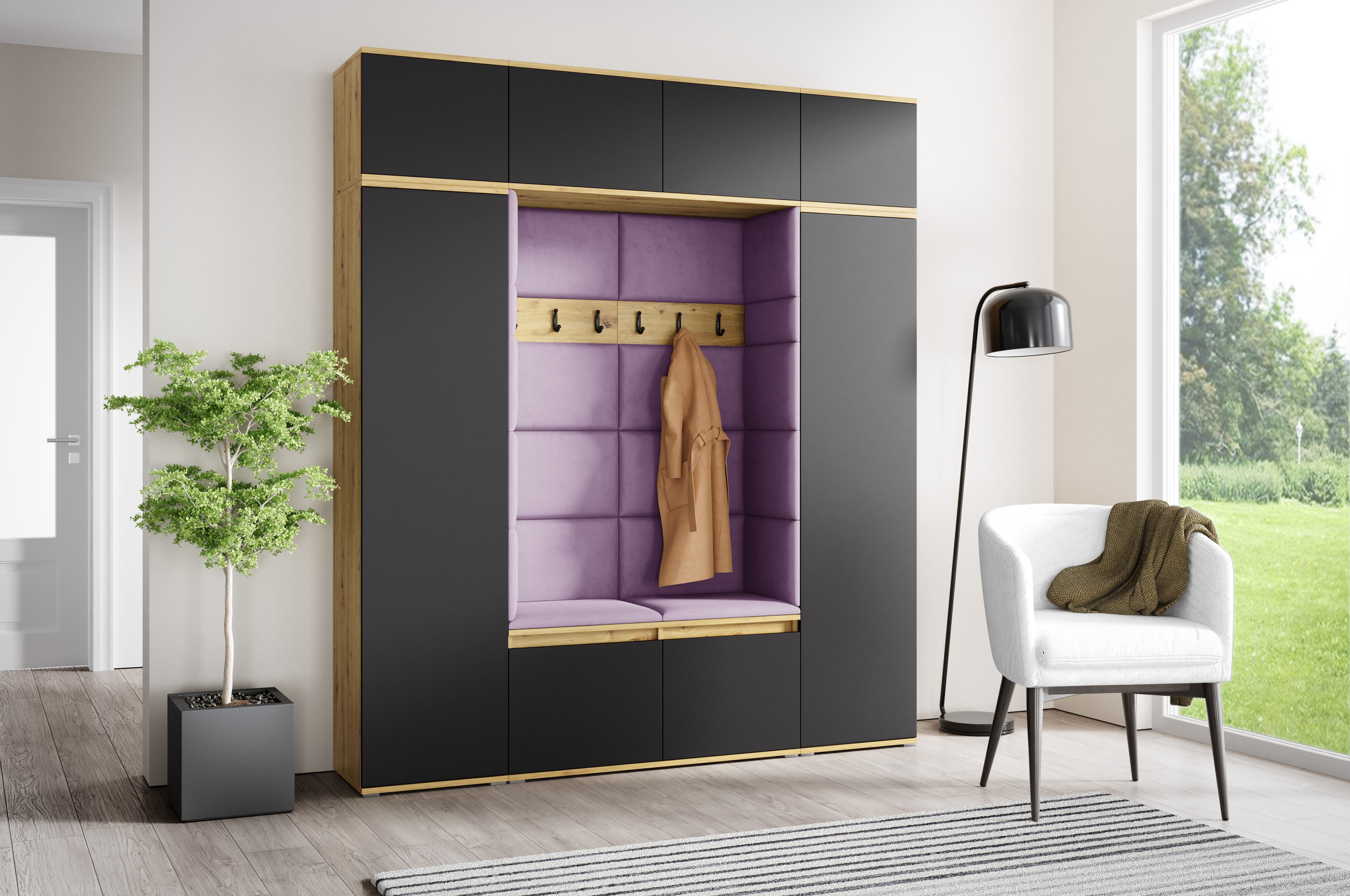 PK Emi 32 Hallway Wardrobe Aristan Oak\ Black- Upholstered Panels in Various Colours