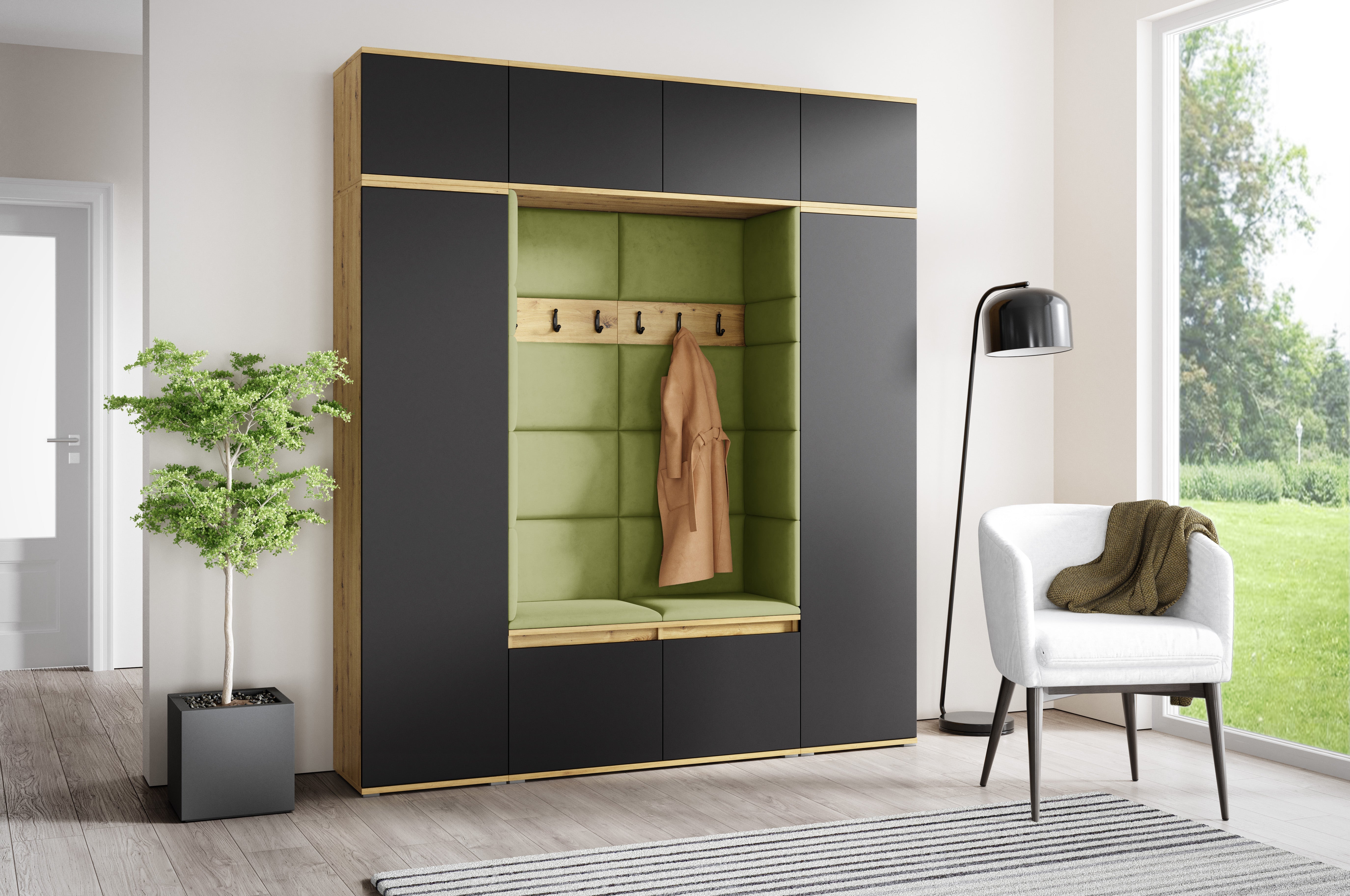 PK Emi 32 Hallway Wardrobe Aristan Oak\ Black- Upholstered Panels in Various Colours