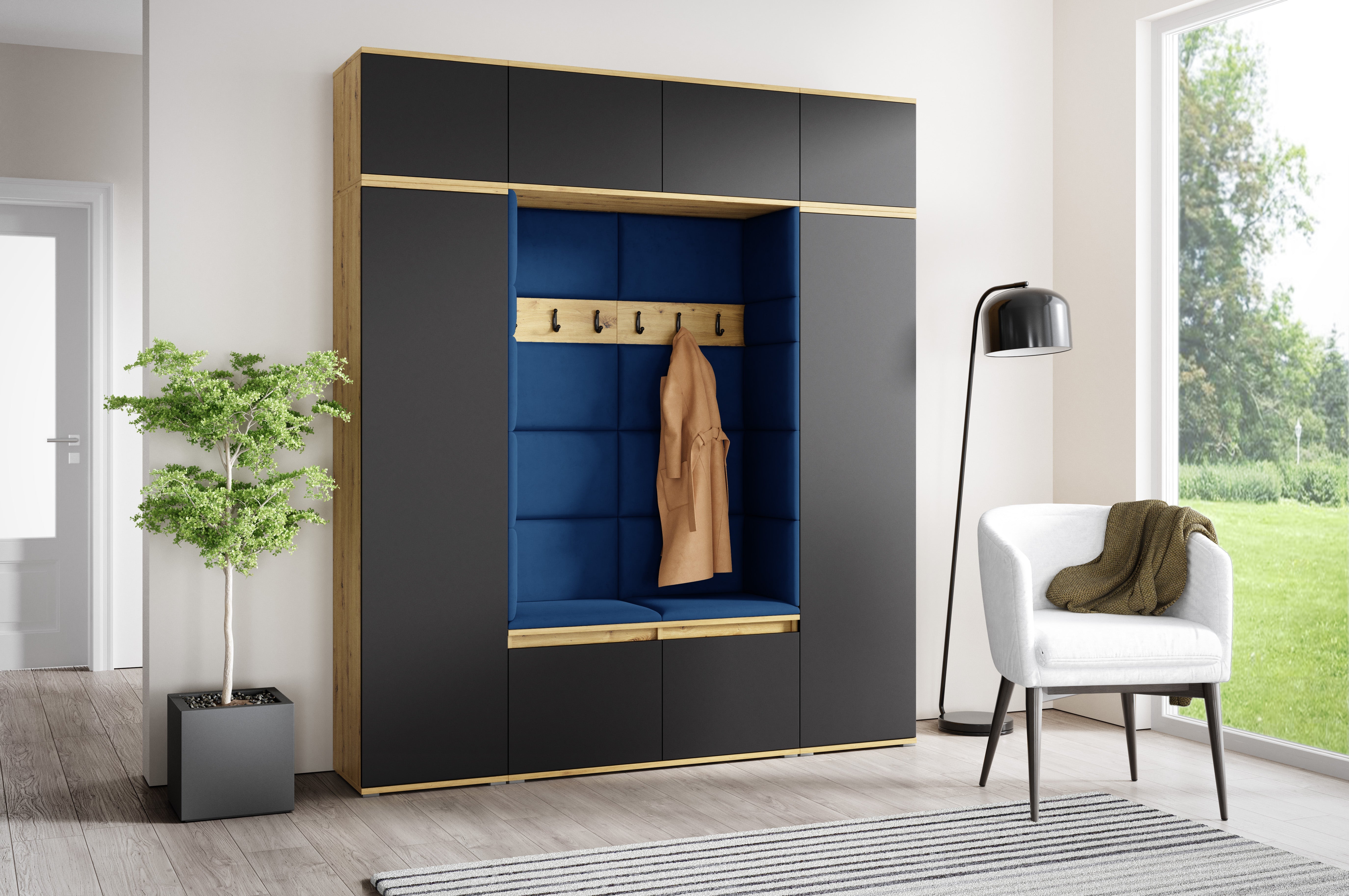 PK Emi 32 Hallway Wardrobe Aristan Oak\ Black- Upholstered Panels in Various Colours