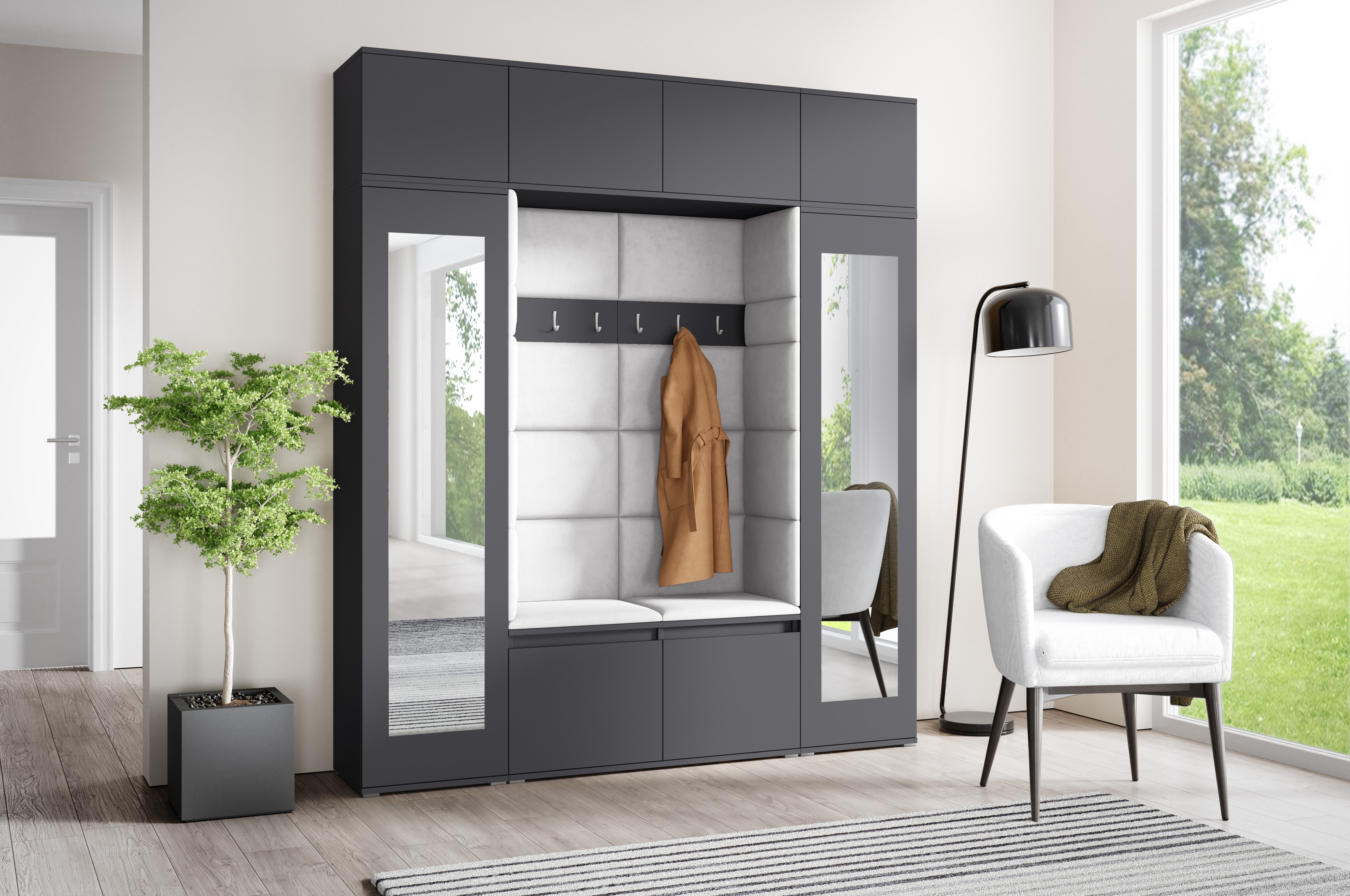 PK Emi 32 Hallway Wardrobe Graphite - Upholstered Panels in Various Colours