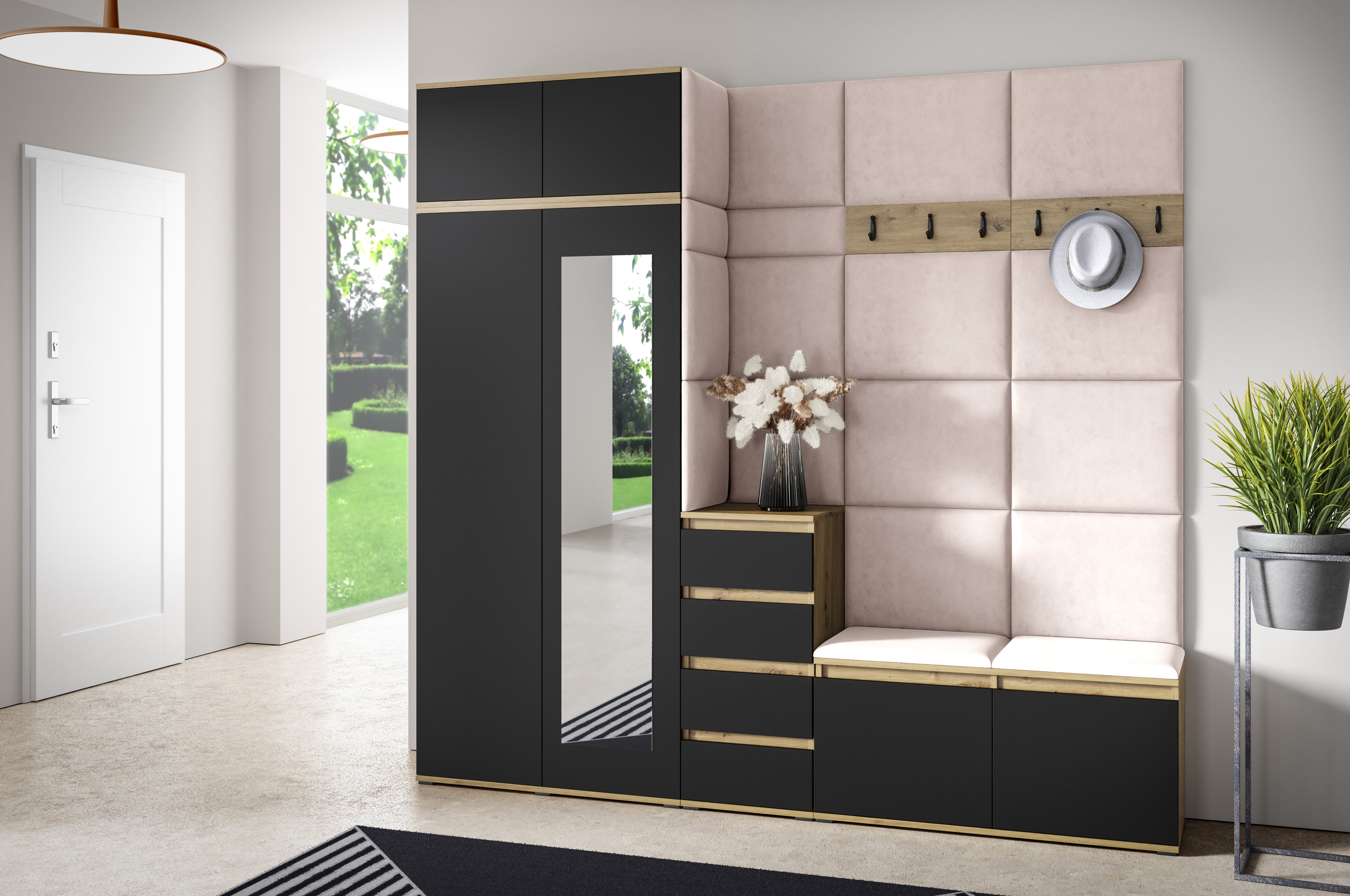 PK Emi 33 Hallway Wardrobe Aristan Oak\Black - Upholstered Panels in Various Colours