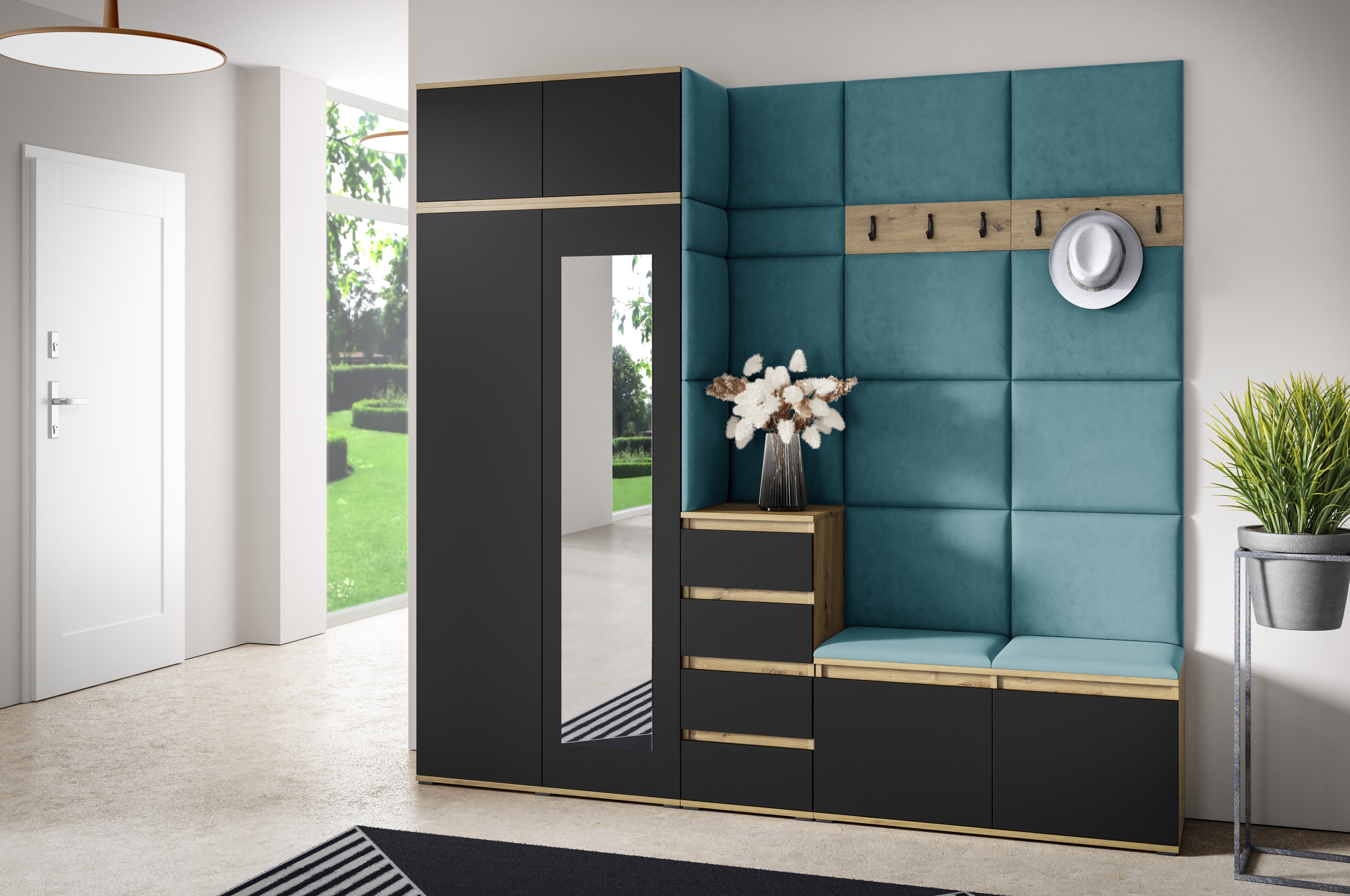 PK Emi 33 Hallway Wardrobe Aristan Oak\Black - Upholstered Panels in Various Colours