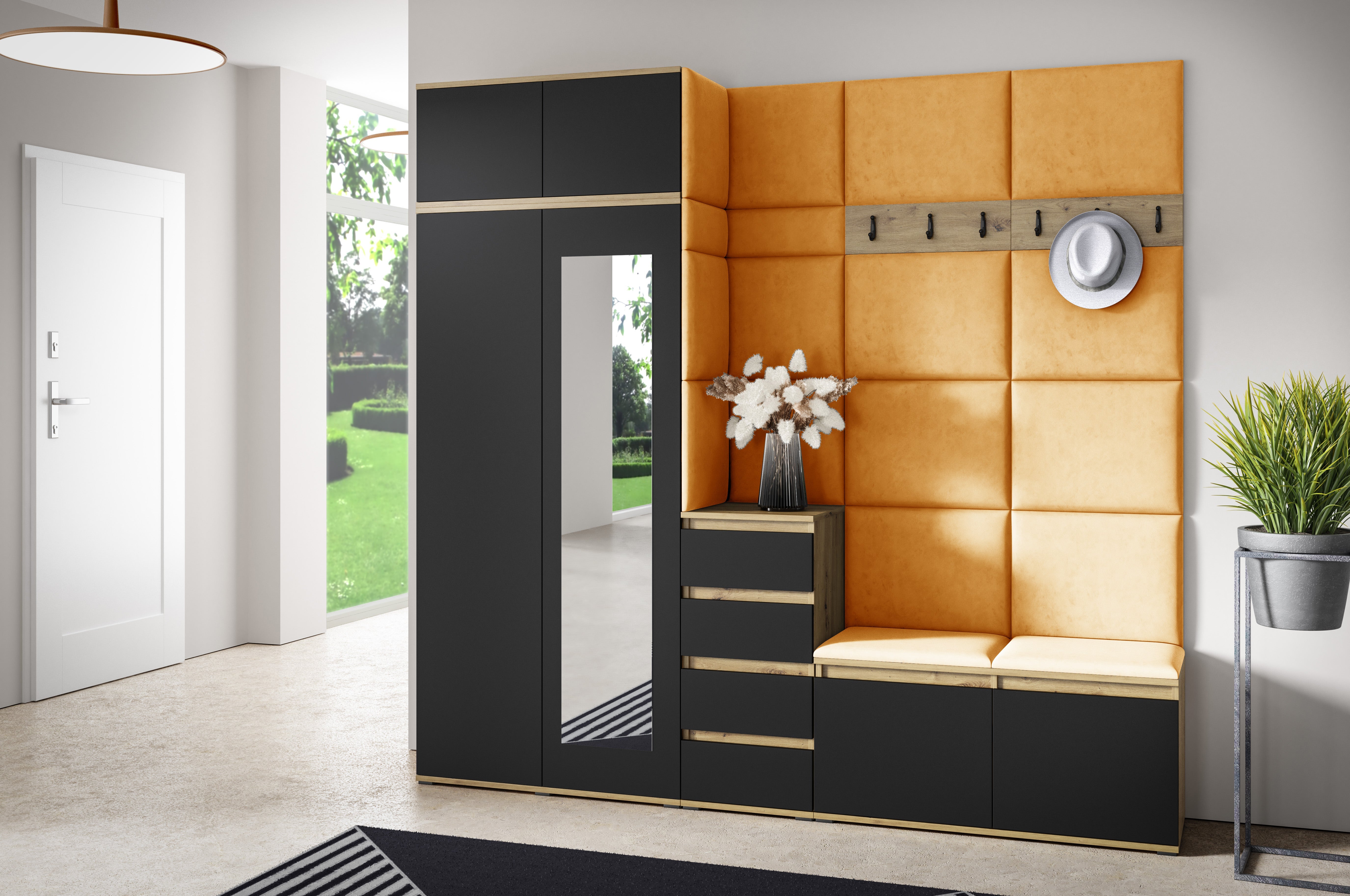PK Emi 33 Hallway Wardrobe Aristan Oak\Black - Upholstered Panels in Various Colours
