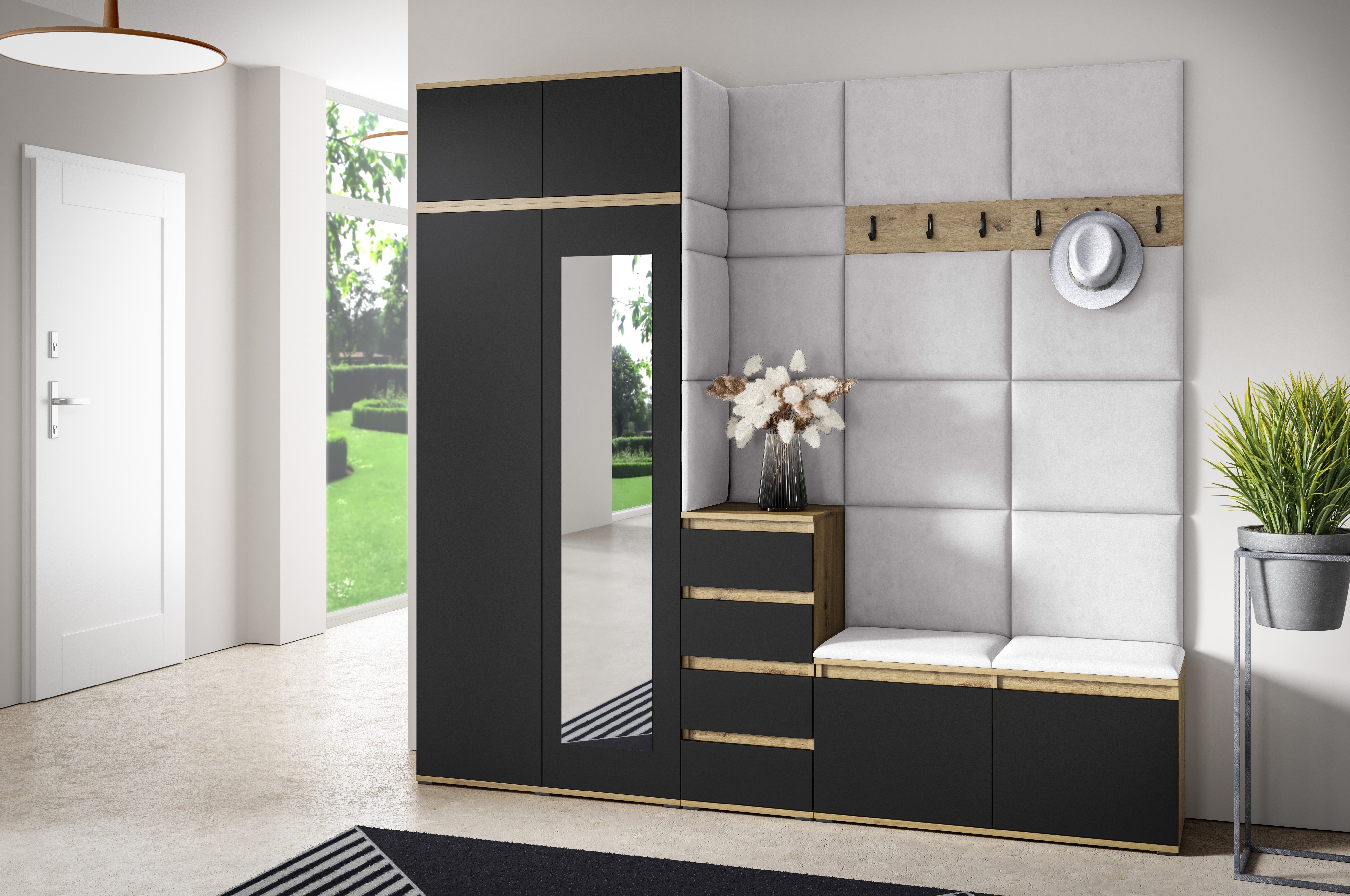 PK Emi 33 Hallway Wardrobe Aristan Oak\Black - Upholstered Panels in Various Colours