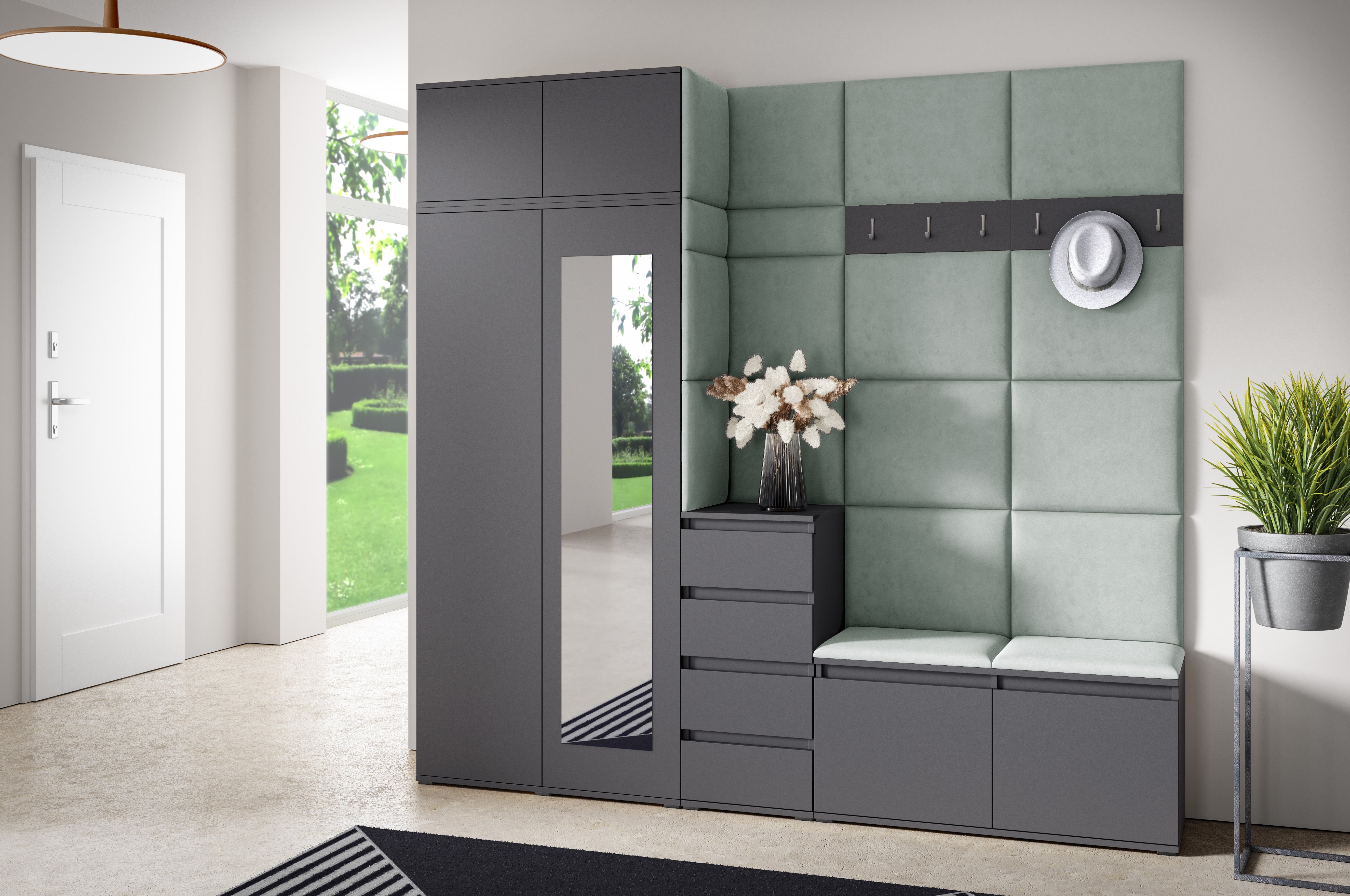 PK Emi 33 Hallway Wardrobe Graphite - Upholstered Panels in Various Colours