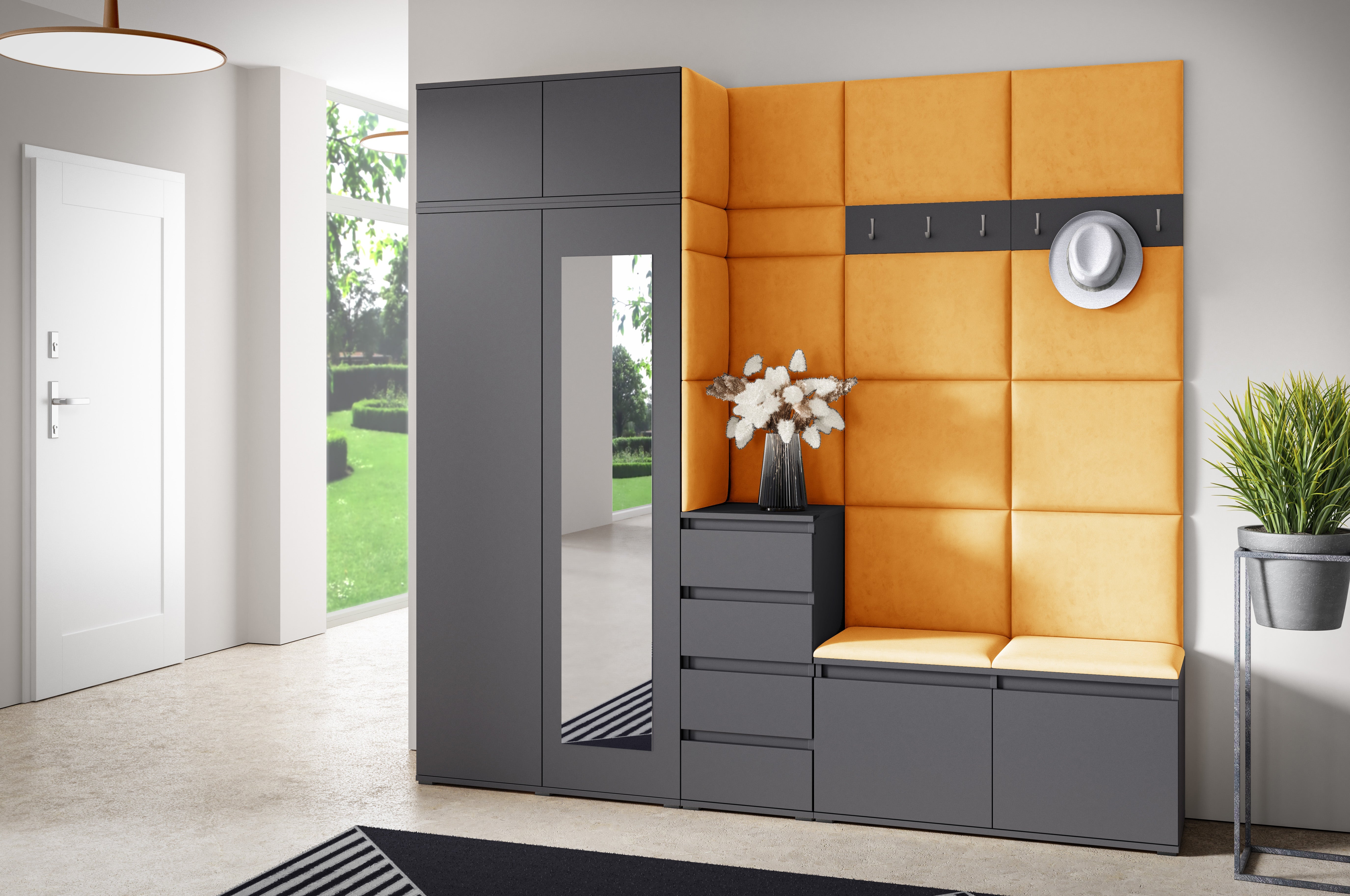 PK Emi 33 Hallway Wardrobe Graphite - Upholstered Panels in Various Colours