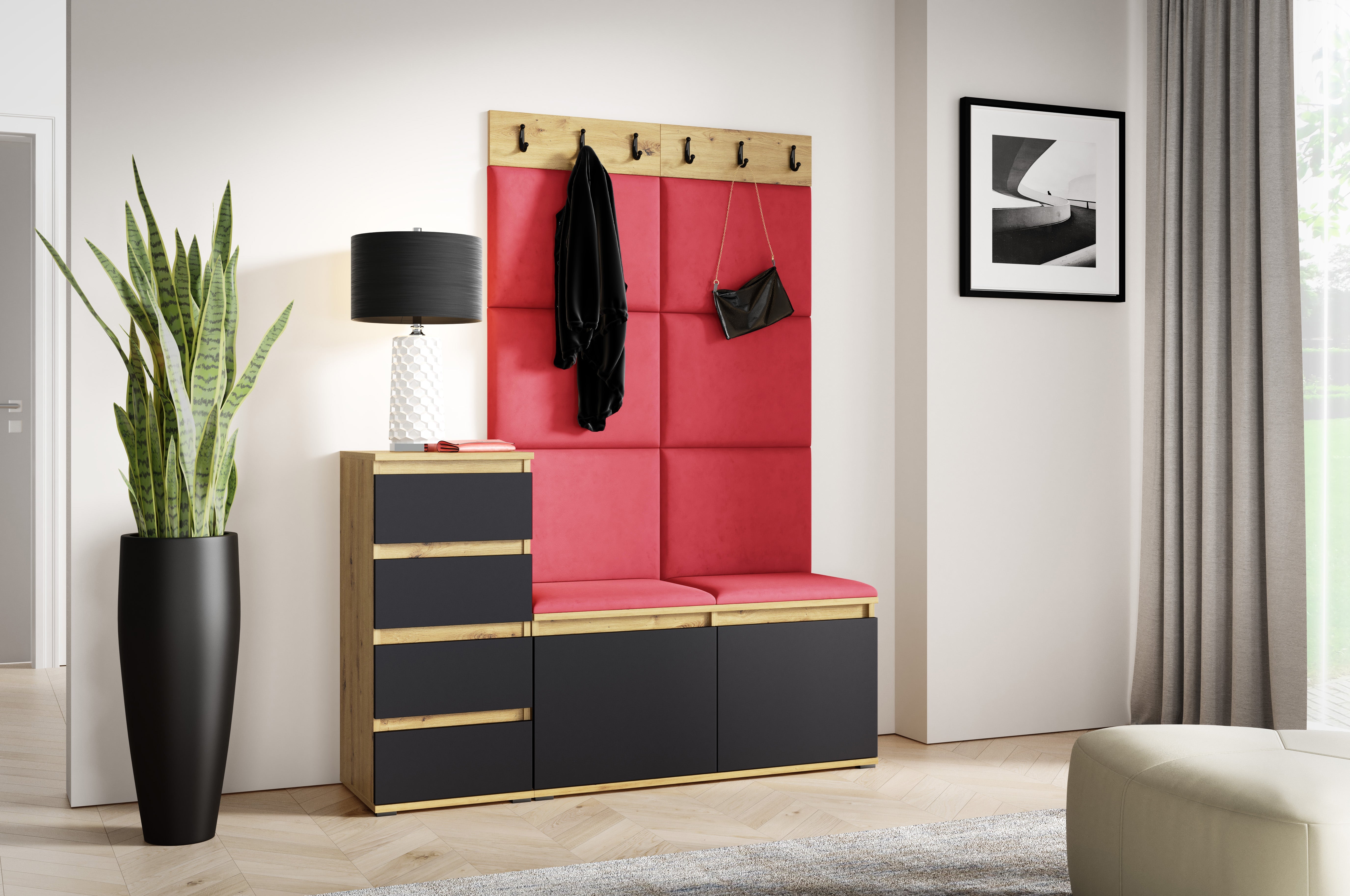 PK Emi 34 Hallway Wardrobe Aristan Oak\Black- Upholstered Panels in Various Colours