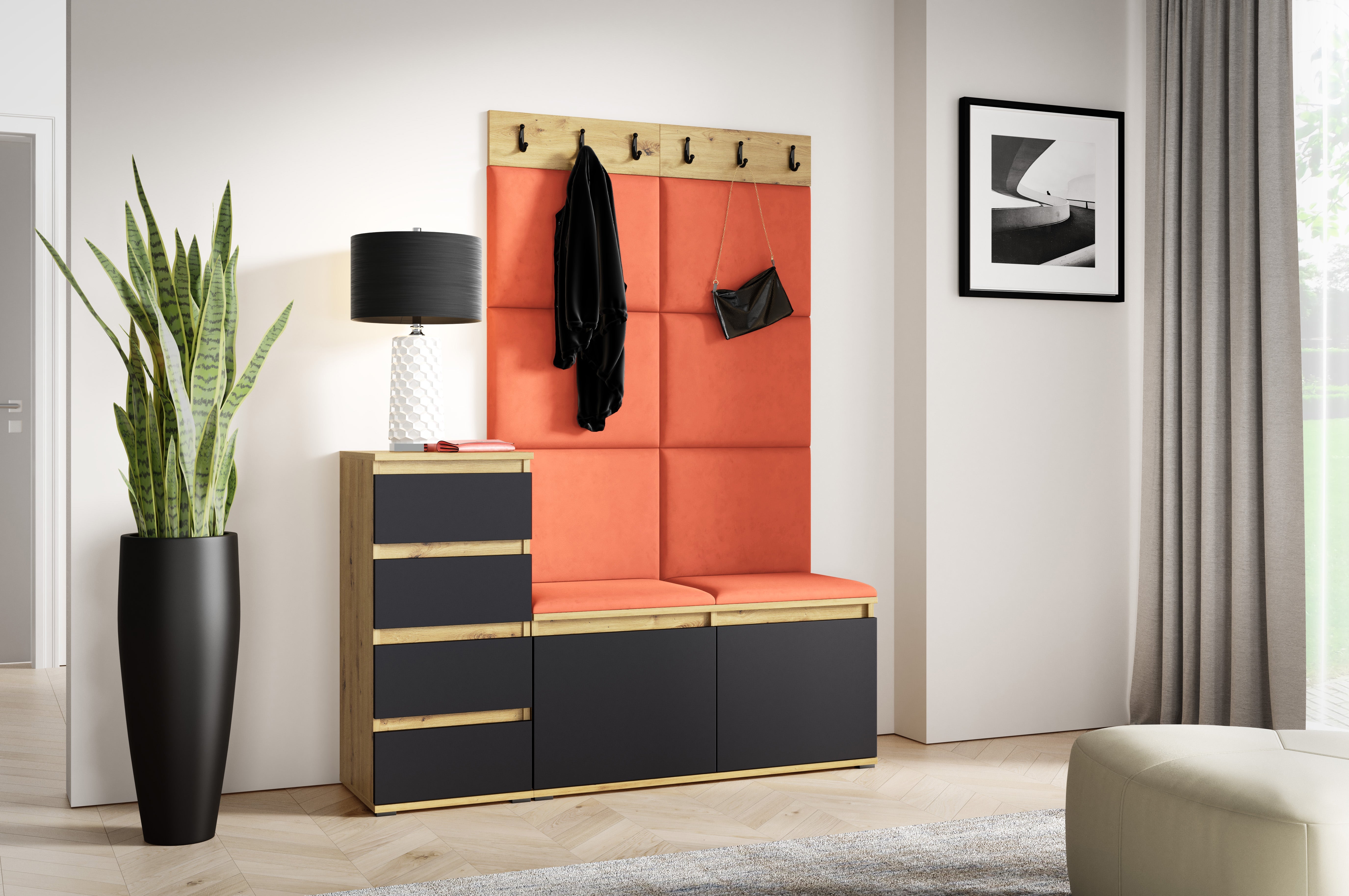 PK Emi 34 Hallway Wardrobe Aristan Oak\Black- Upholstered Panels in Various Colours