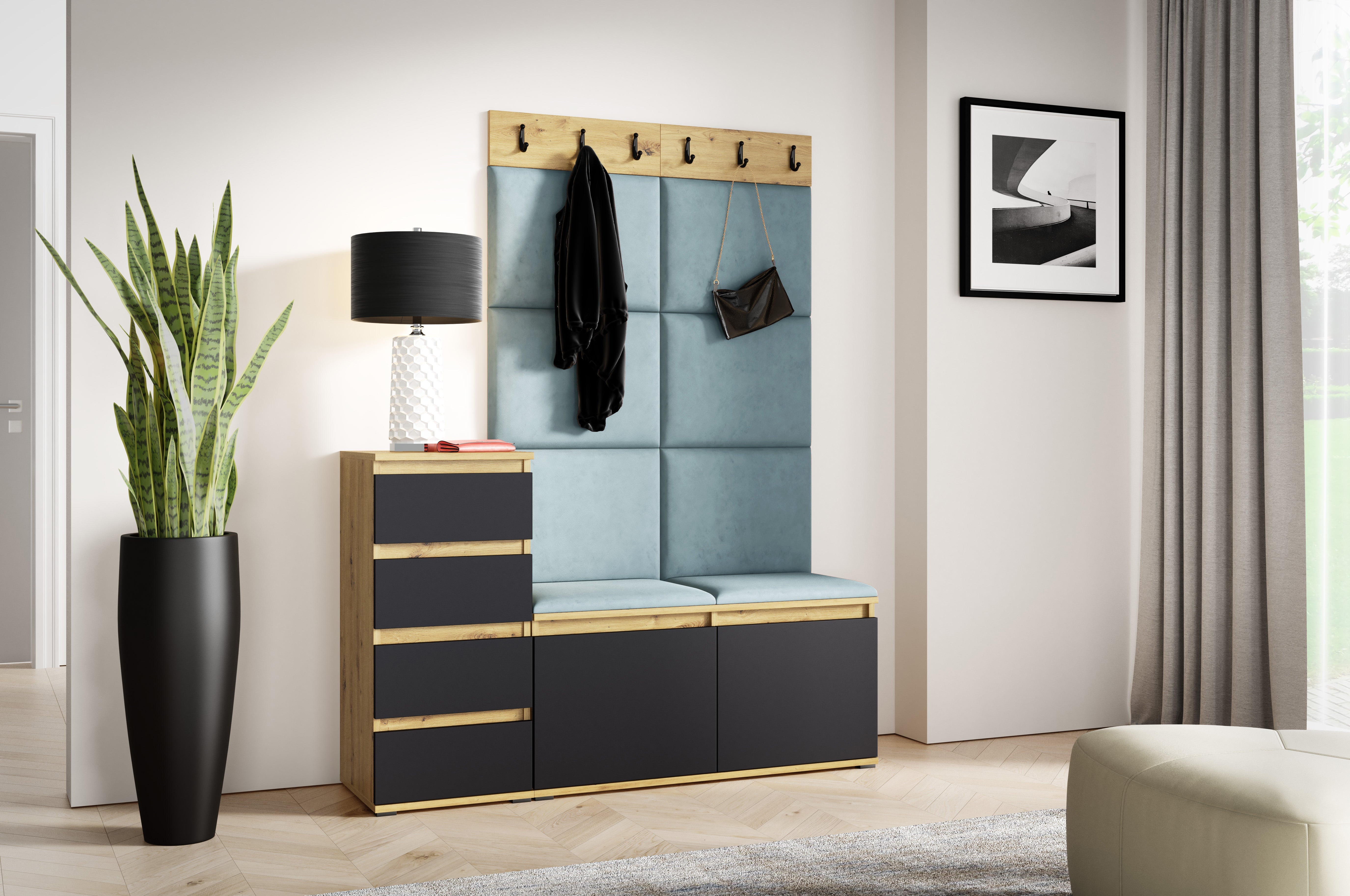 PK Emi 34 Hallway Wardrobe Aristan Oak\Black- Upholstered Panels in Various Colours