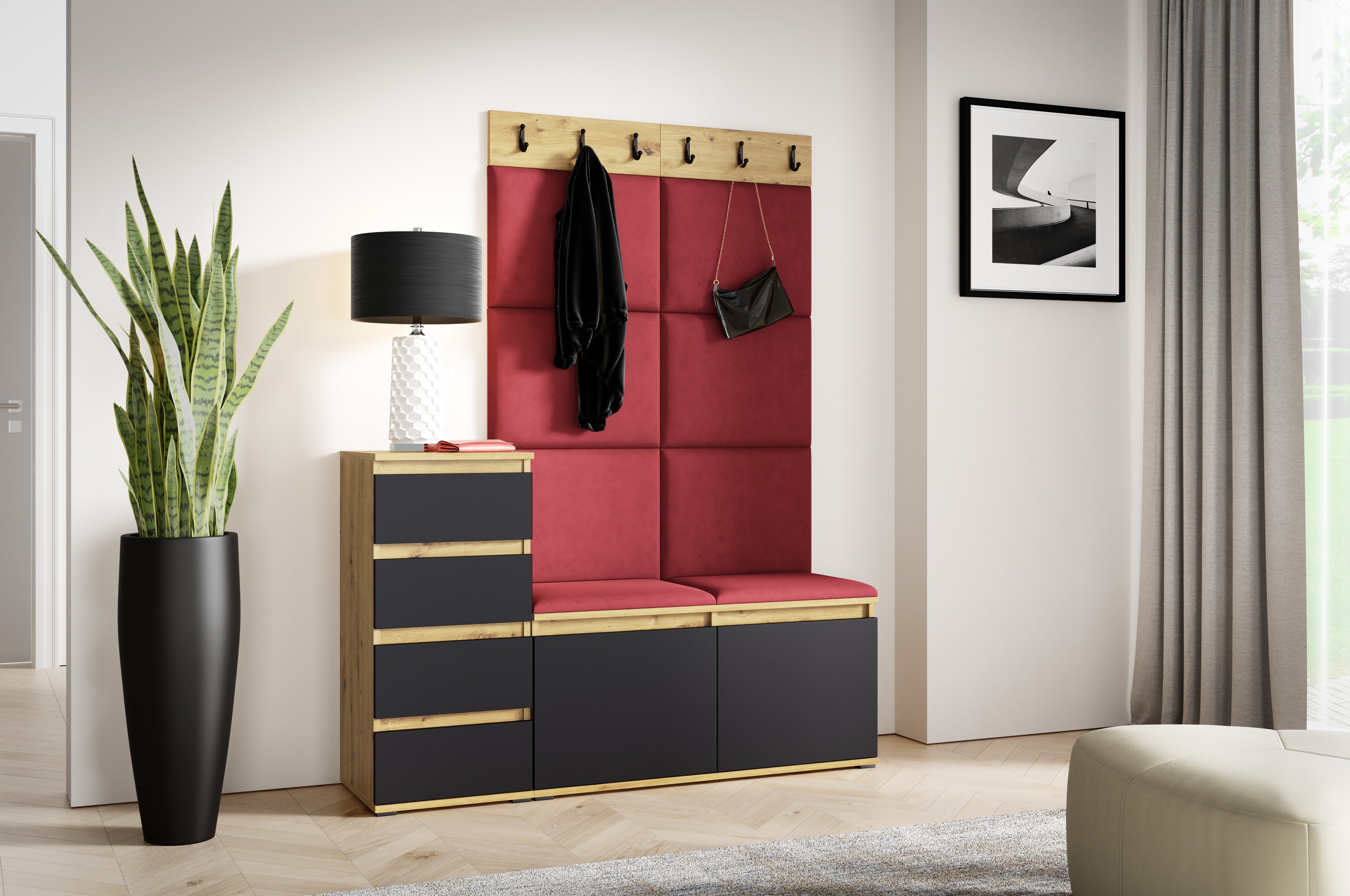 PK Emi 34 Hallway Wardrobe Aristan Oak\Black- Upholstered Panels in Various Colours