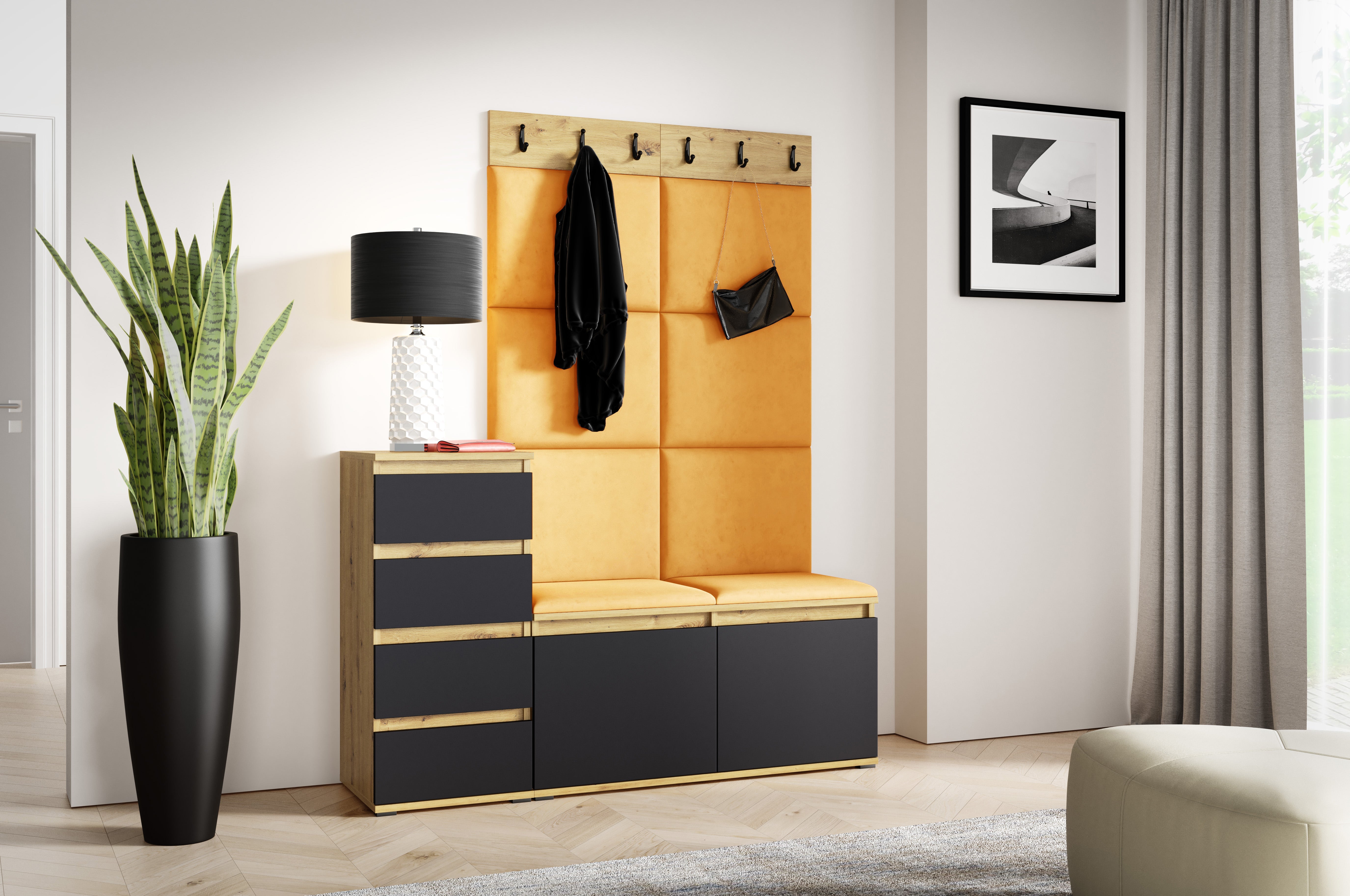 PK Emi 34 Hallway Wardrobe Aristan Oak\Black- Upholstered Panels in Various Colours