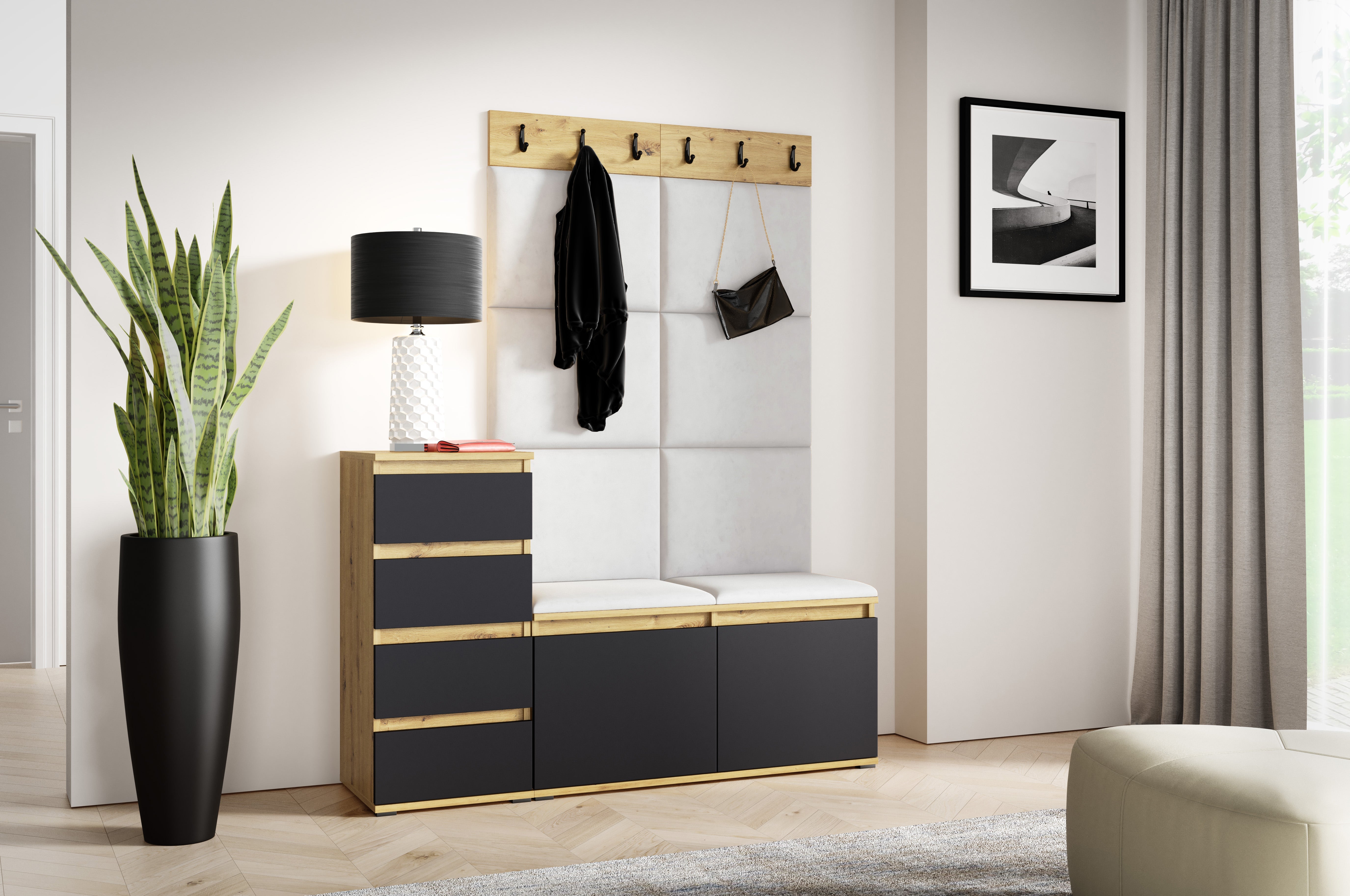 PK Emi 34 Hallway Wardrobe Aristan Oak\Black- Upholstered Panels in Various Colours