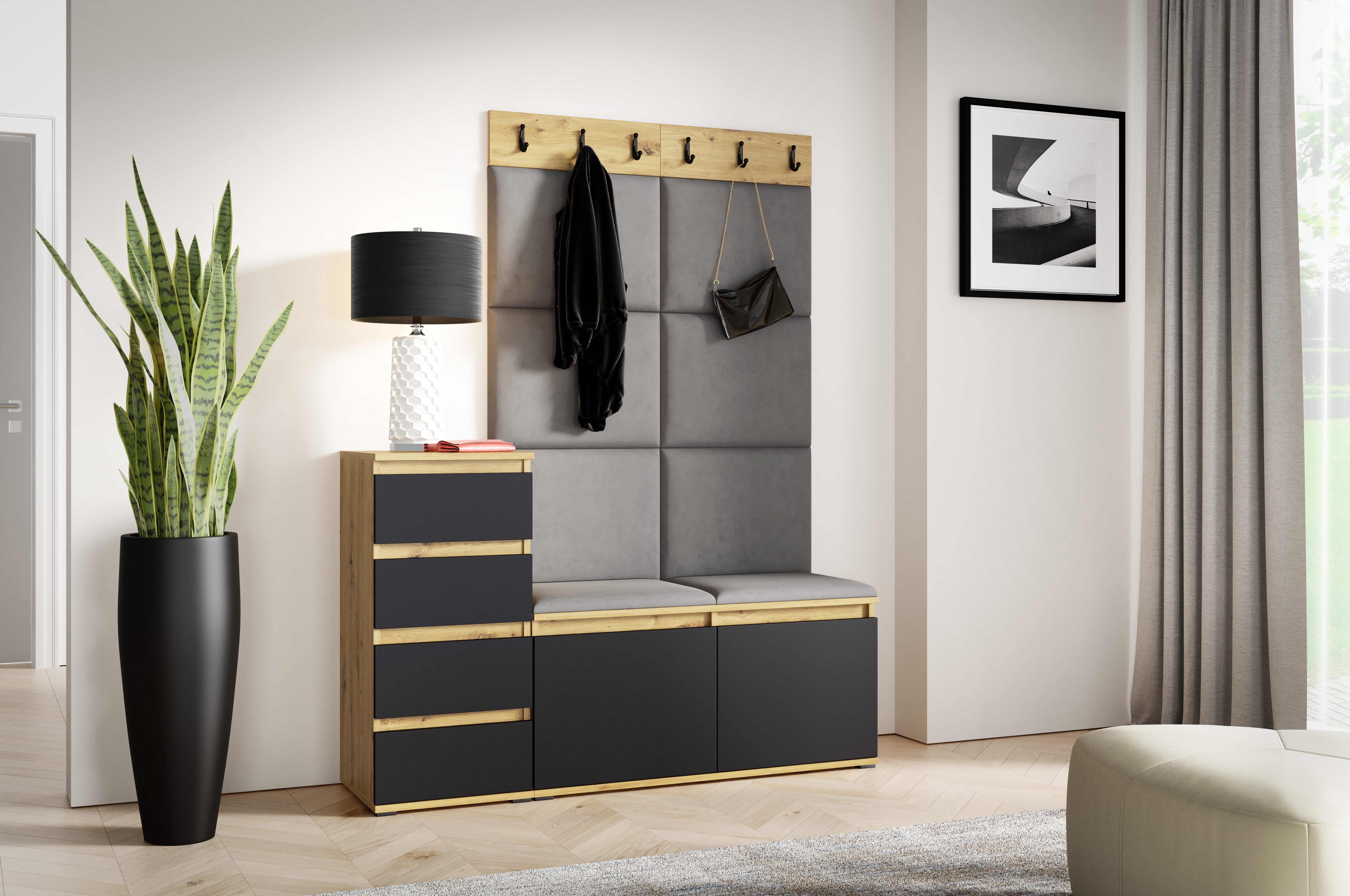 PK Emi 34 Hallway Wardrobe Aristan Oak\Black- Upholstered Panels in Various Colours