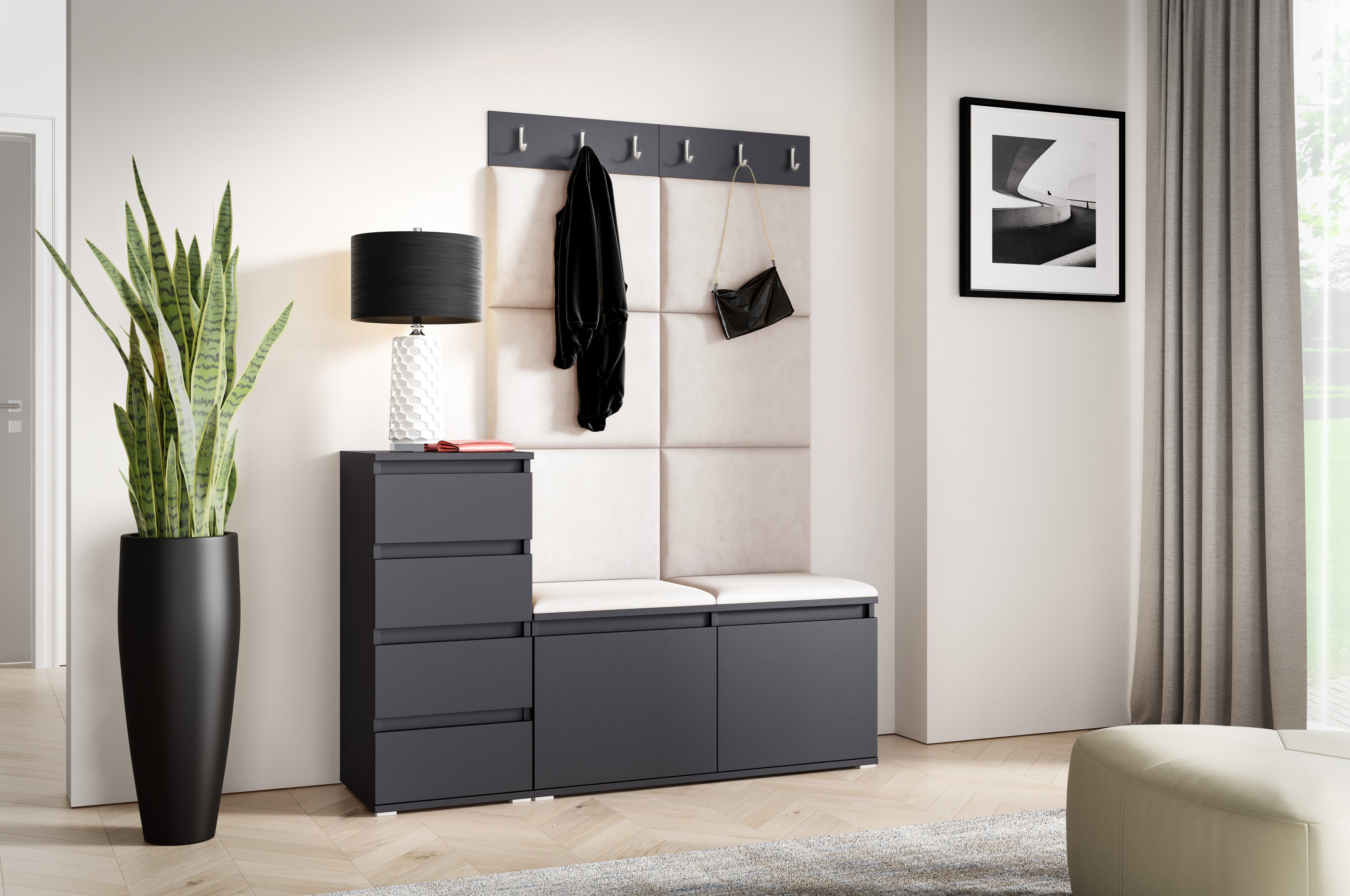 PK Emi 34 Hallway Wardrobe Graphite- Upholstered Panels in Various Colours