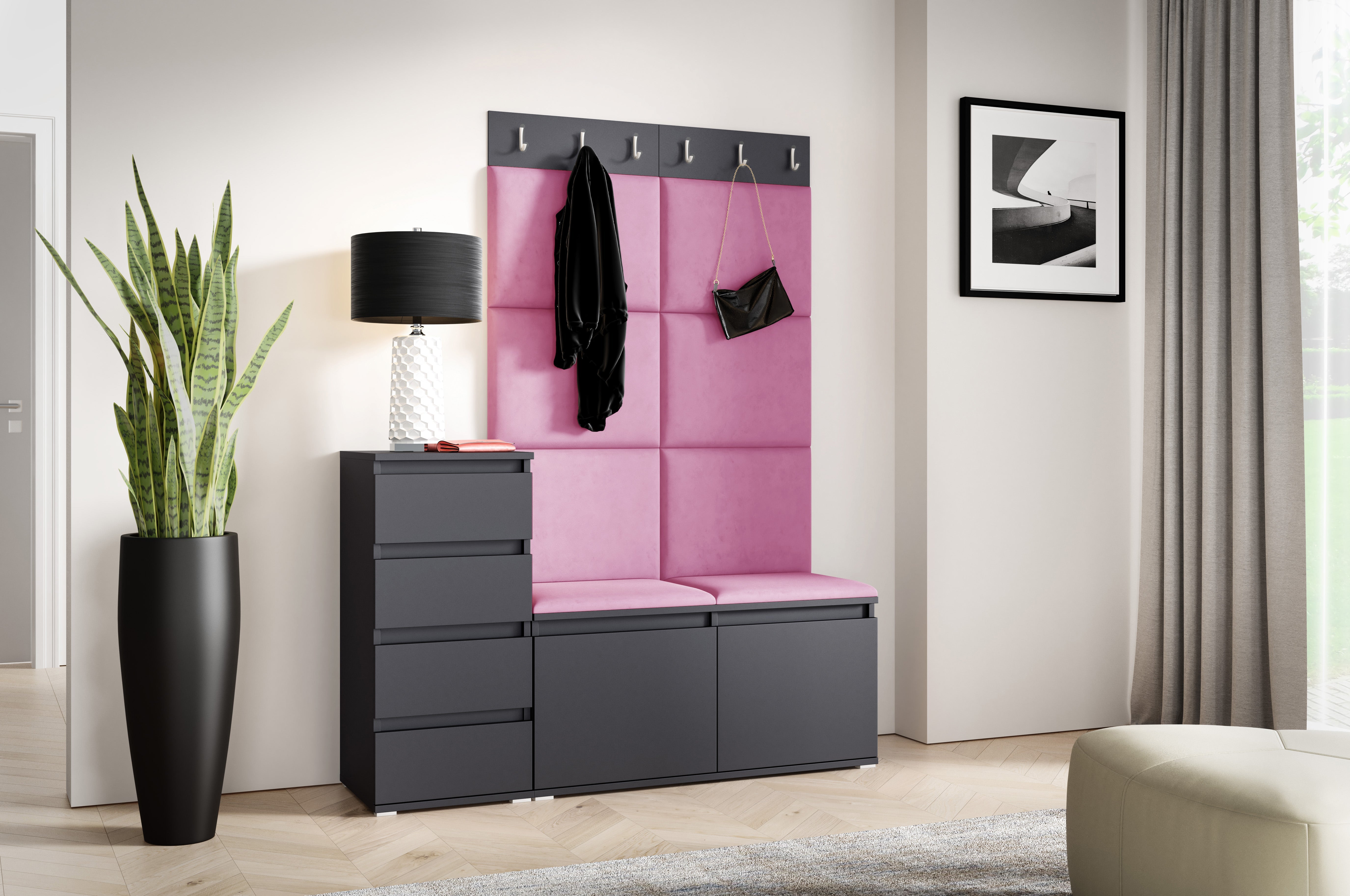 PK Emi 34 Hallway Wardrobe Graphite- Upholstered Panels in Various Colours