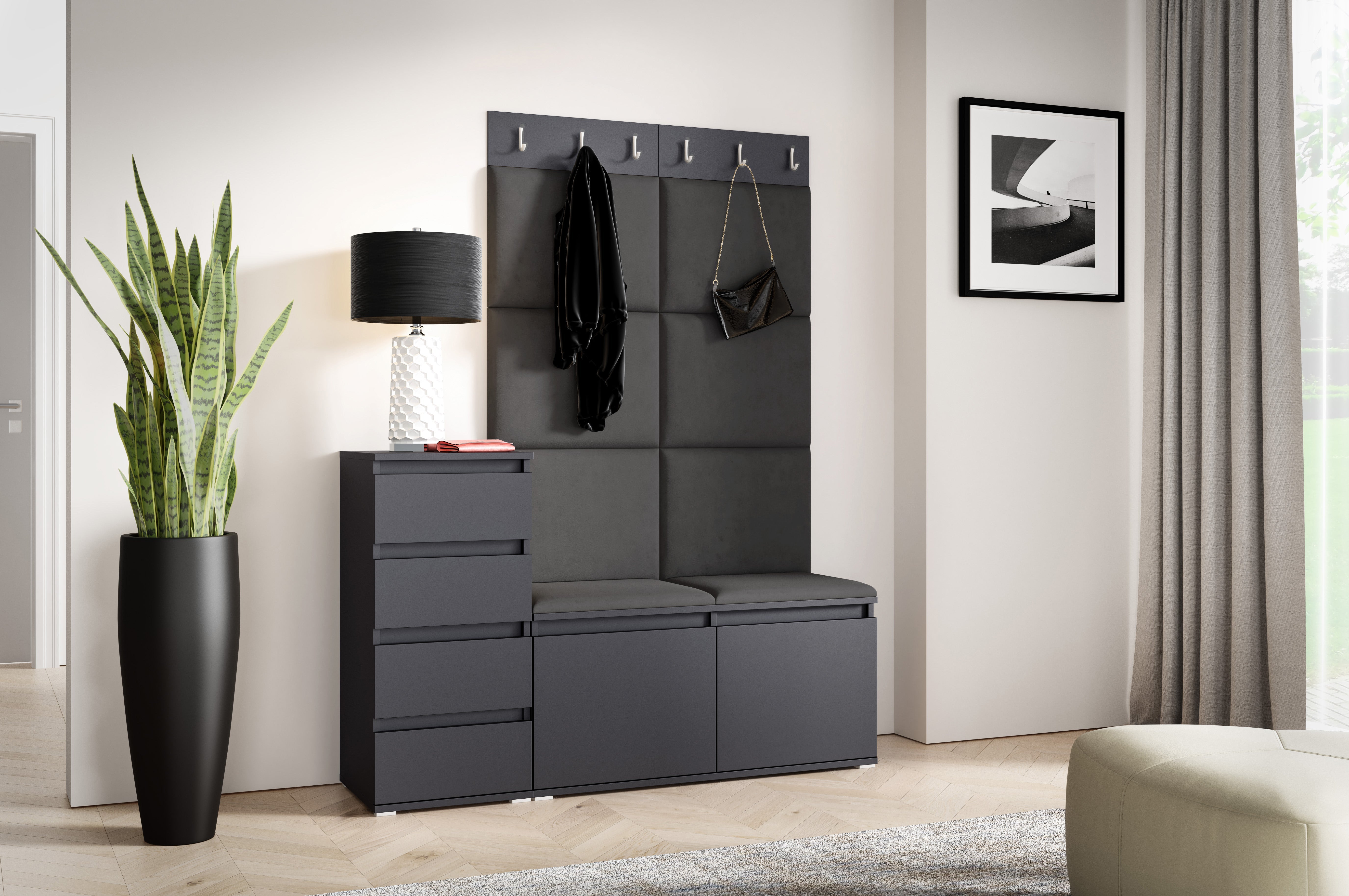 PK Emi 34 Hallway Wardrobe Graphite- Upholstered Panels in Various Colours