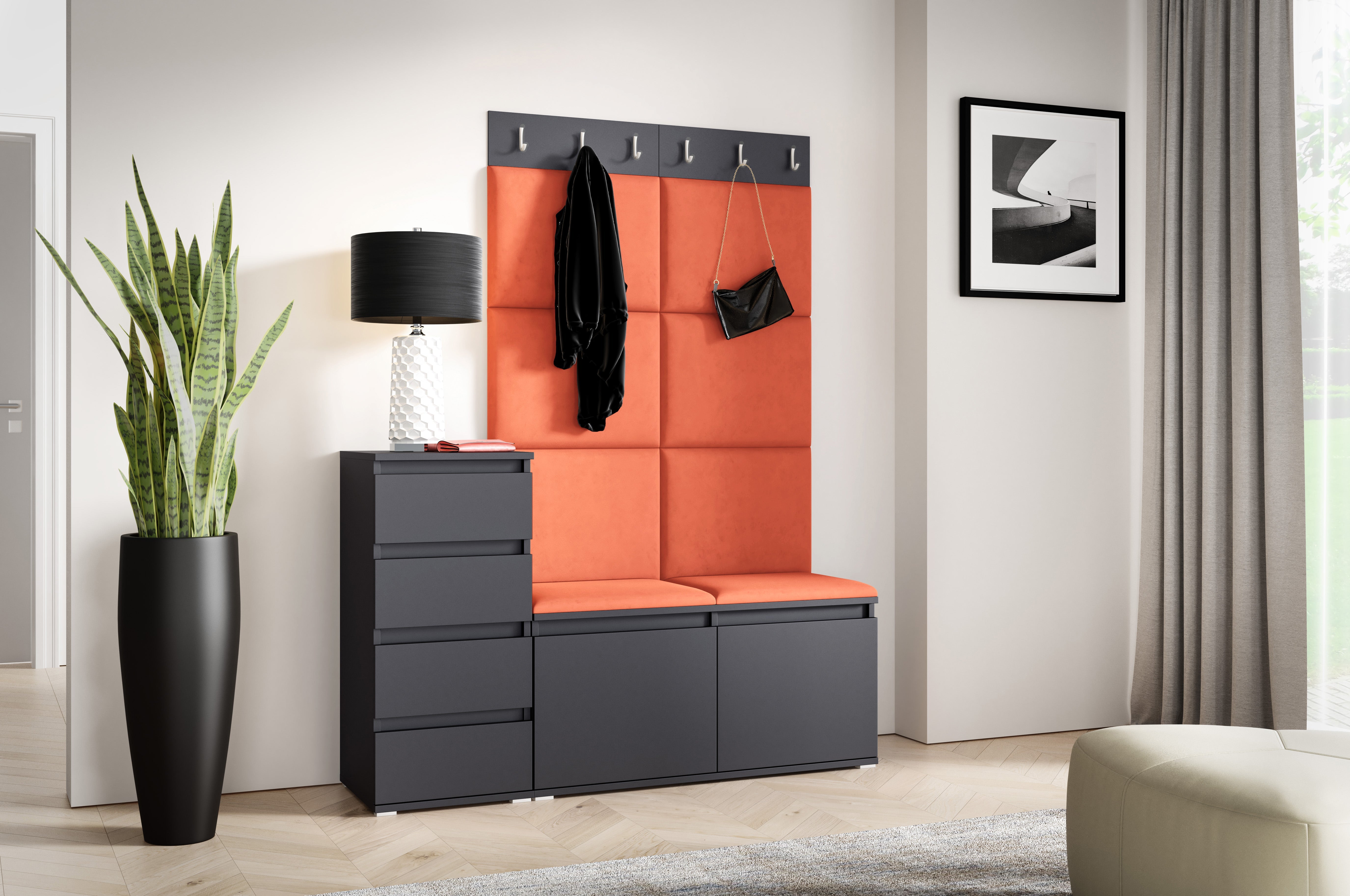 PK Emi 34 Hallway Wardrobe Graphite- Upholstered Panels in Various Colours