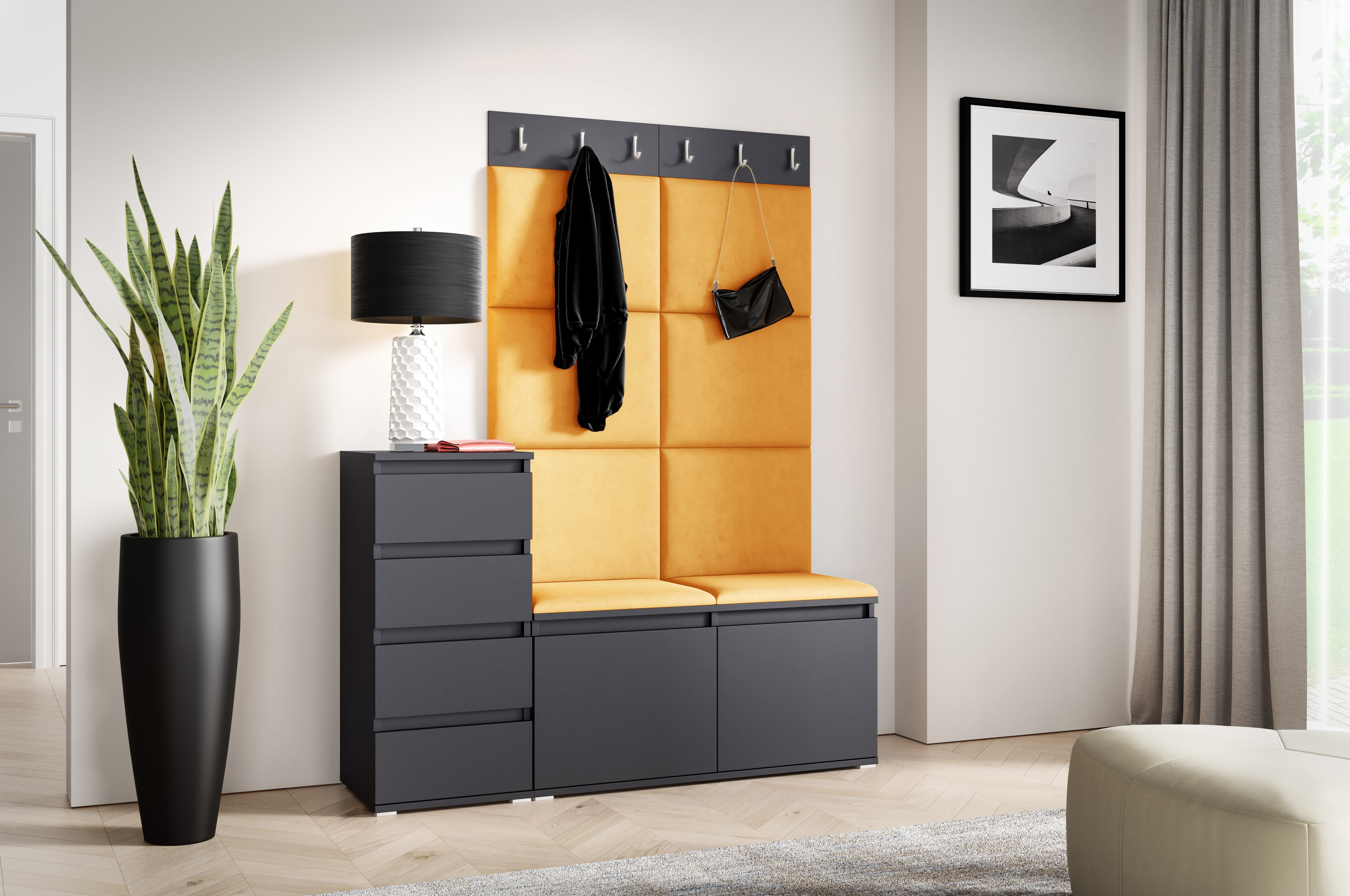 PK Emi 34 Hallway Wardrobe Graphite- Upholstered Panels in Various Colours