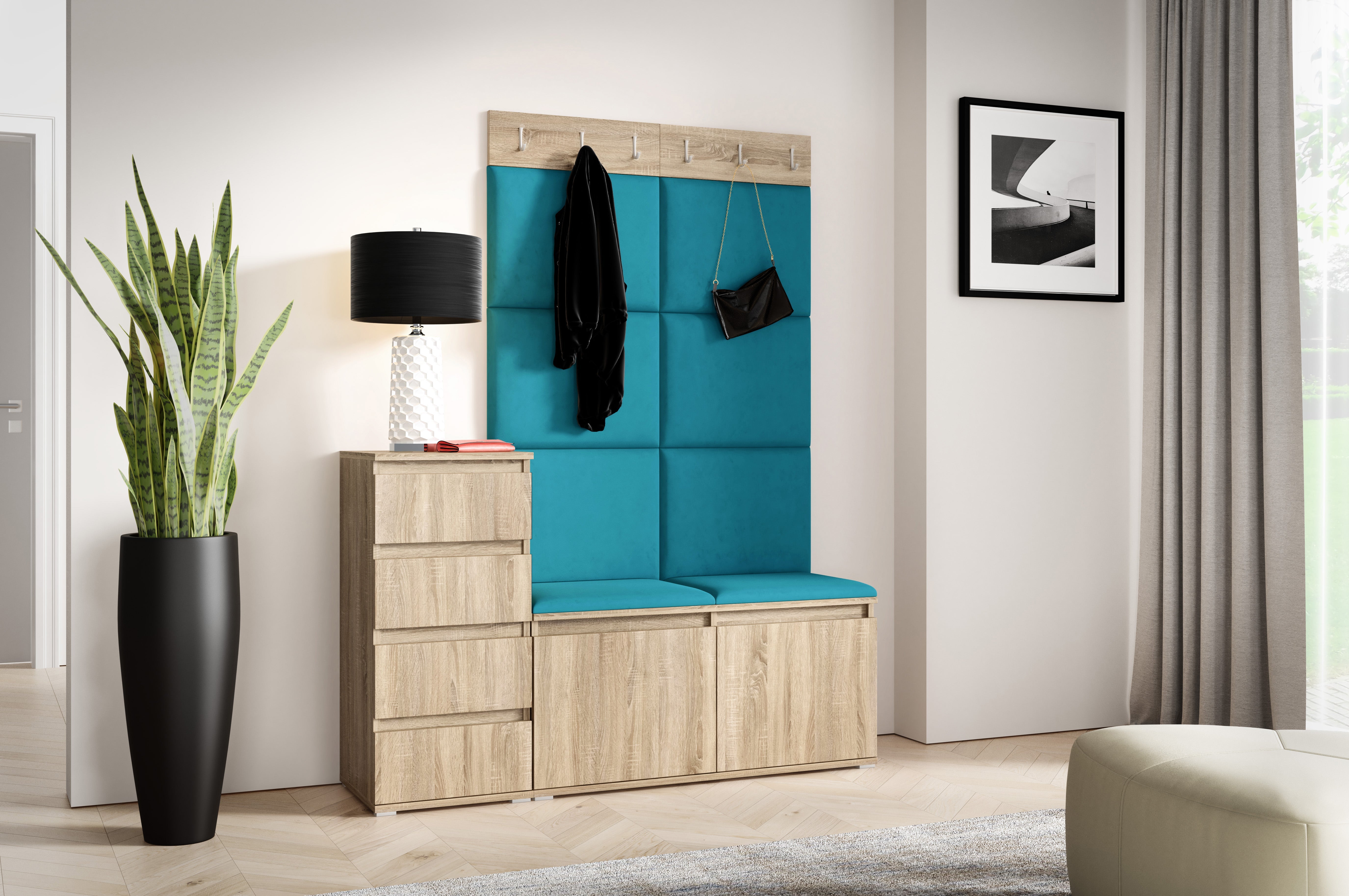 PK Emi 34 Hallway Wardrobe Sonoma Oak- Upholstered Panels in Various Colours