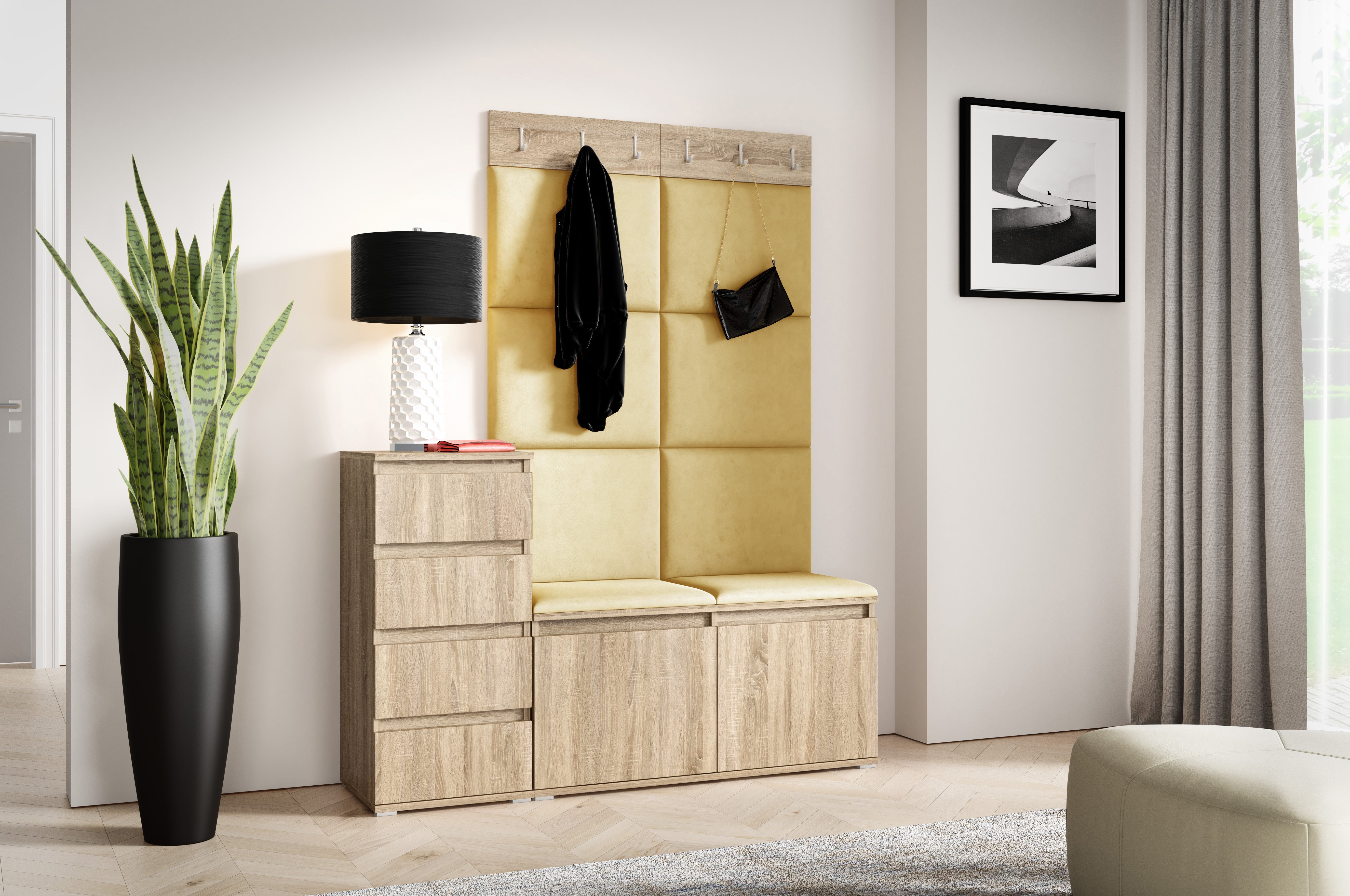 PK Emi 34 Hallway Wardrobe Sonoma Oak- Upholstered Panels in Various Colours