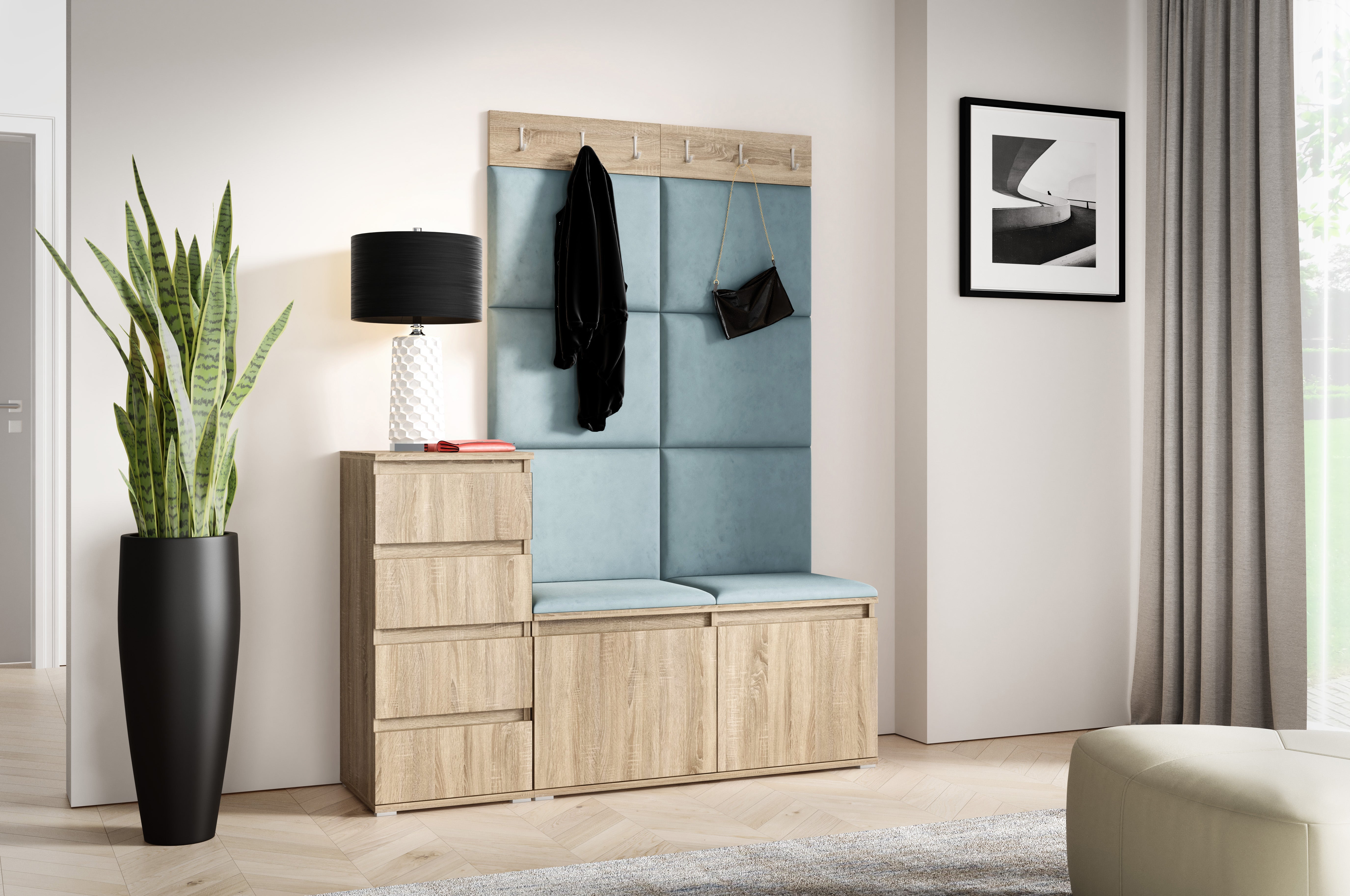PK Emi 34 Hallway Wardrobe Sonoma Oak- Upholstered Panels in Various Colours