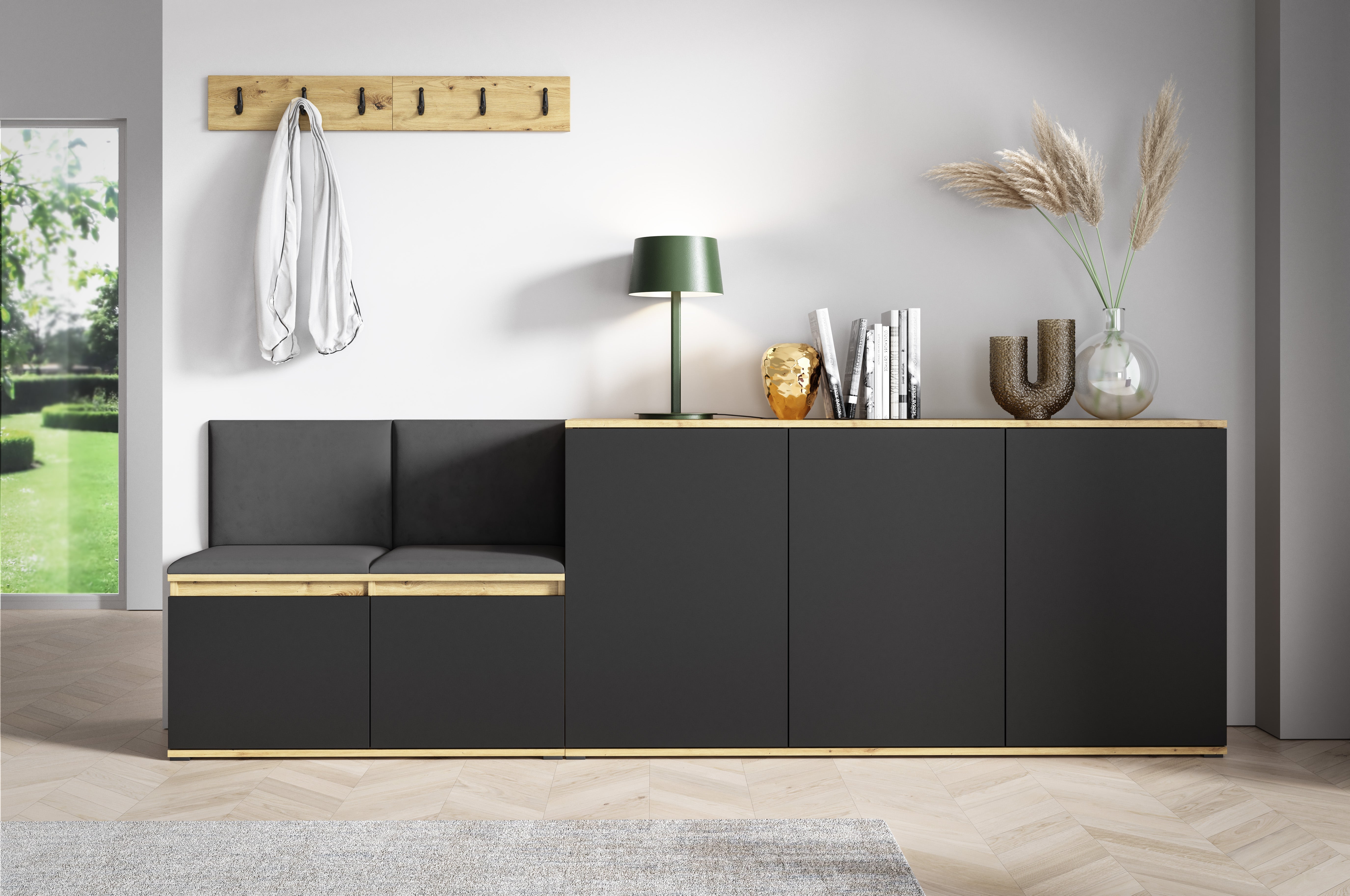 PK Emi 35 Hallway Wardrobe Aristan Oak\Black- Upholstered Panels in Various Colours