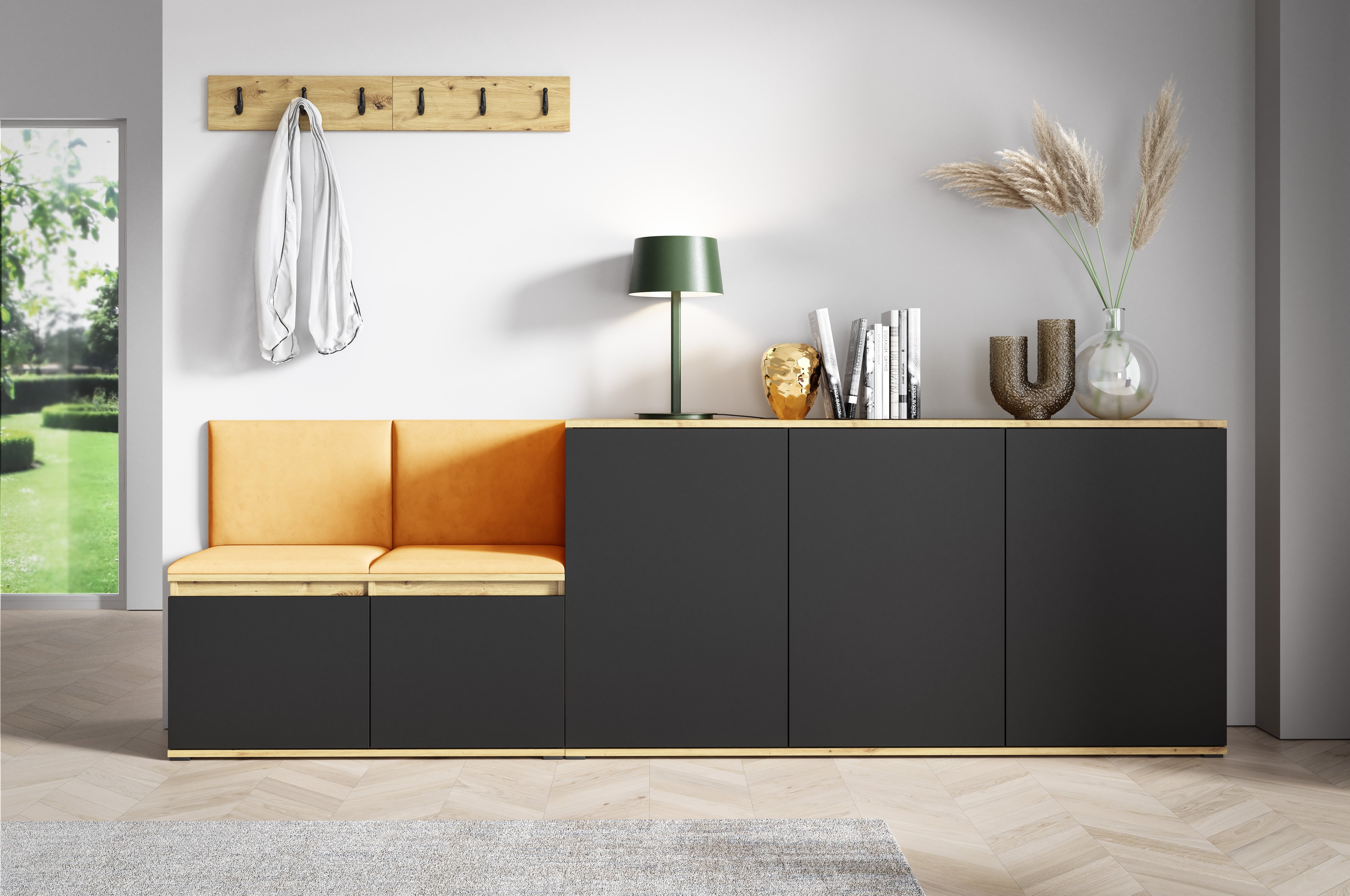 PK Emi 35 Hallway Wardrobe Aristan Oak\Black- Upholstered Panels in Various Colours