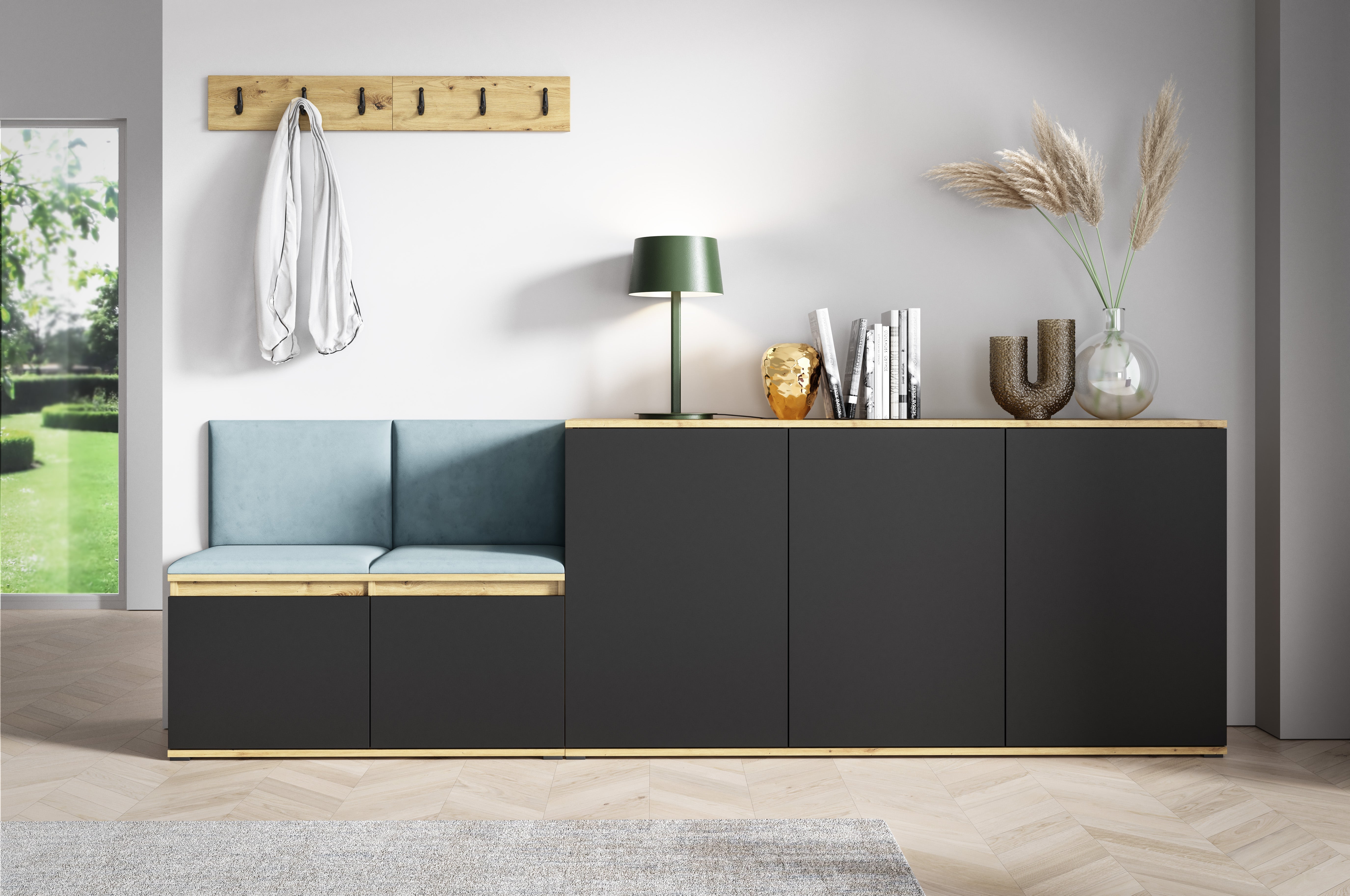 PK Emi 35 Hallway Wardrobe Aristan Oak\Black- Upholstered Panels in Various Colours