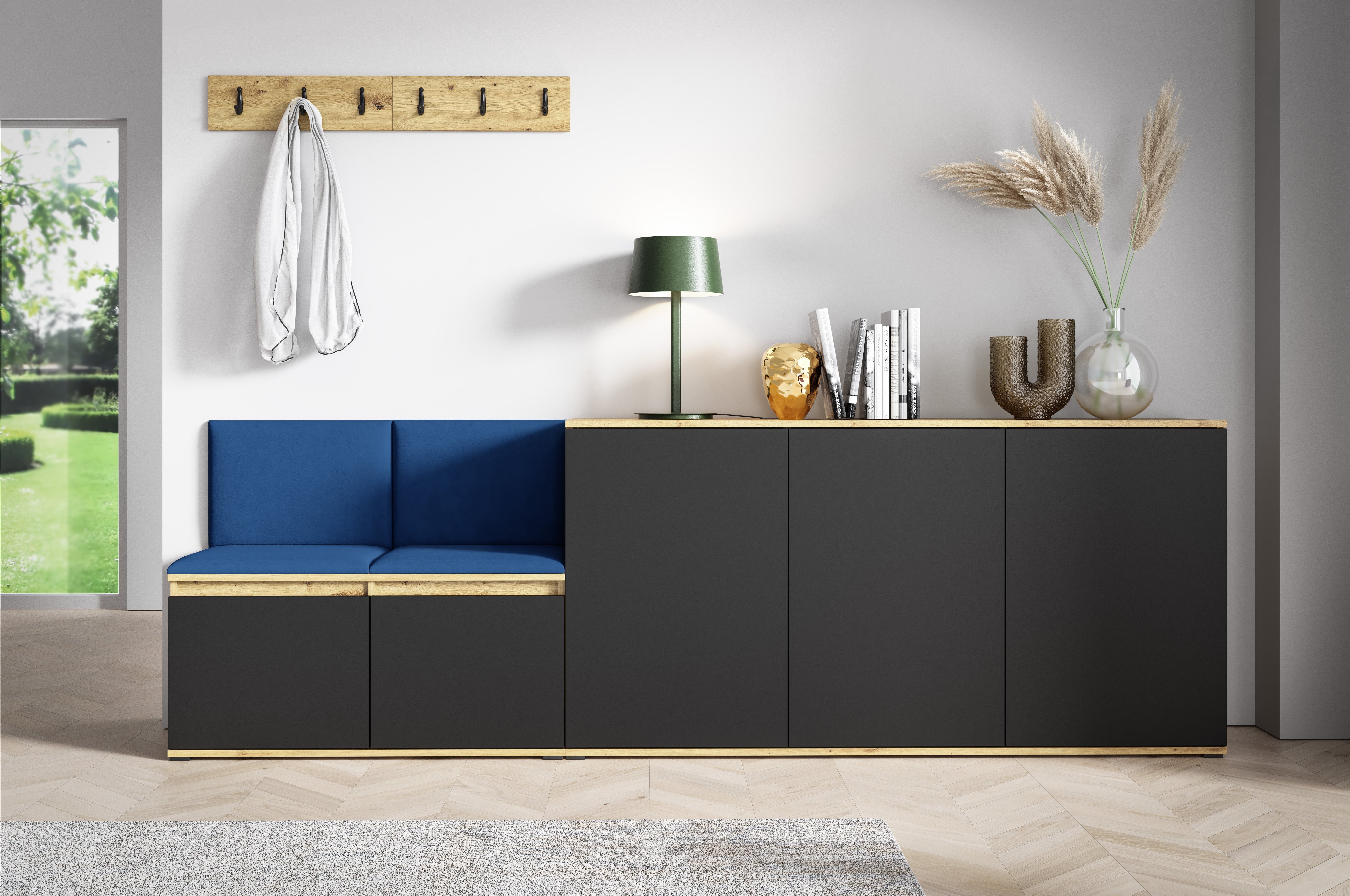 PK Emi 35 Hallway Wardrobe Aristan Oak\Black- Upholstered Panels in Various Colours