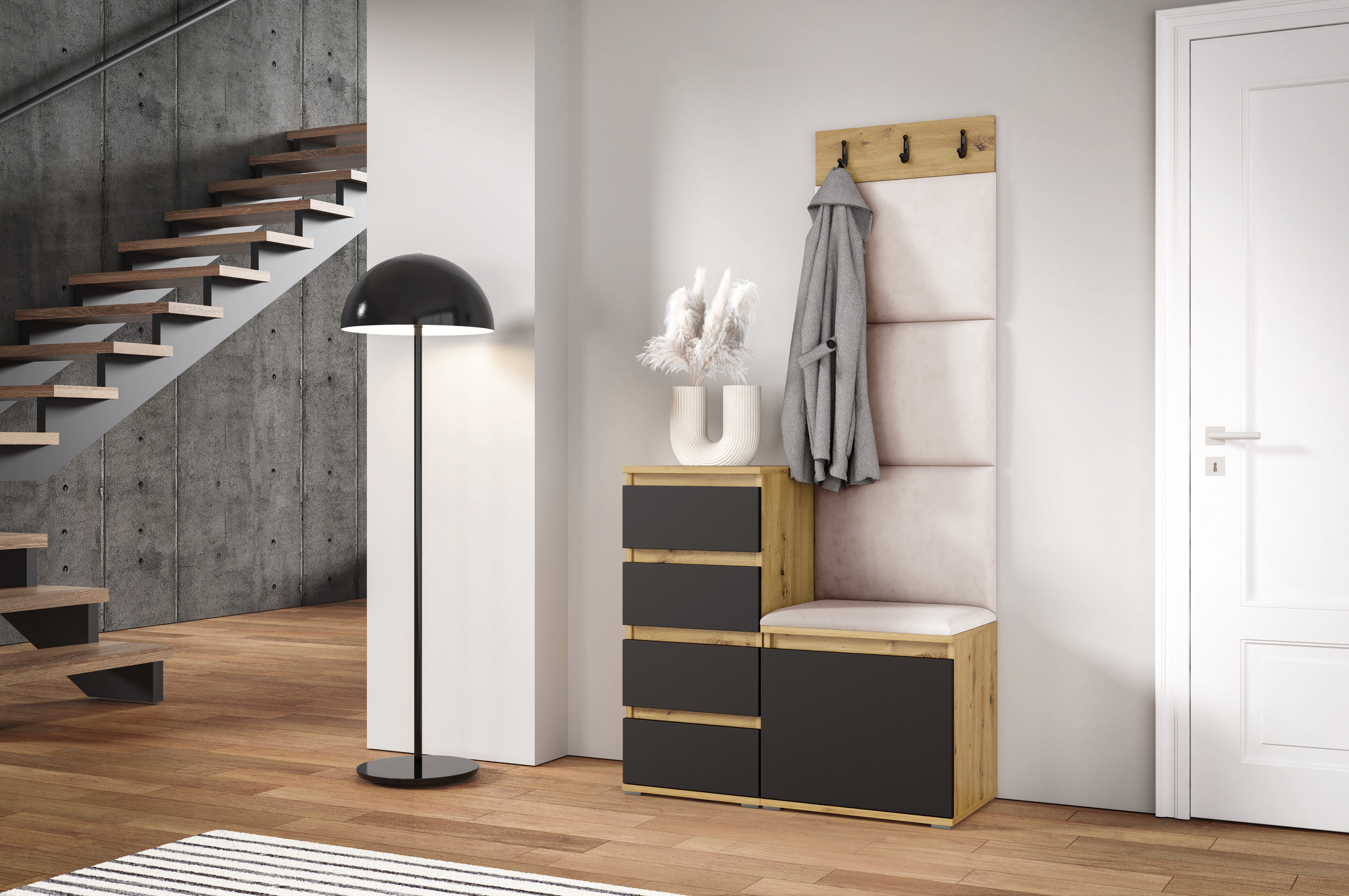 PK Emi 36 Hallway Wardrobe Aristan Oak\Black - Upholstered Panels in Various Colours