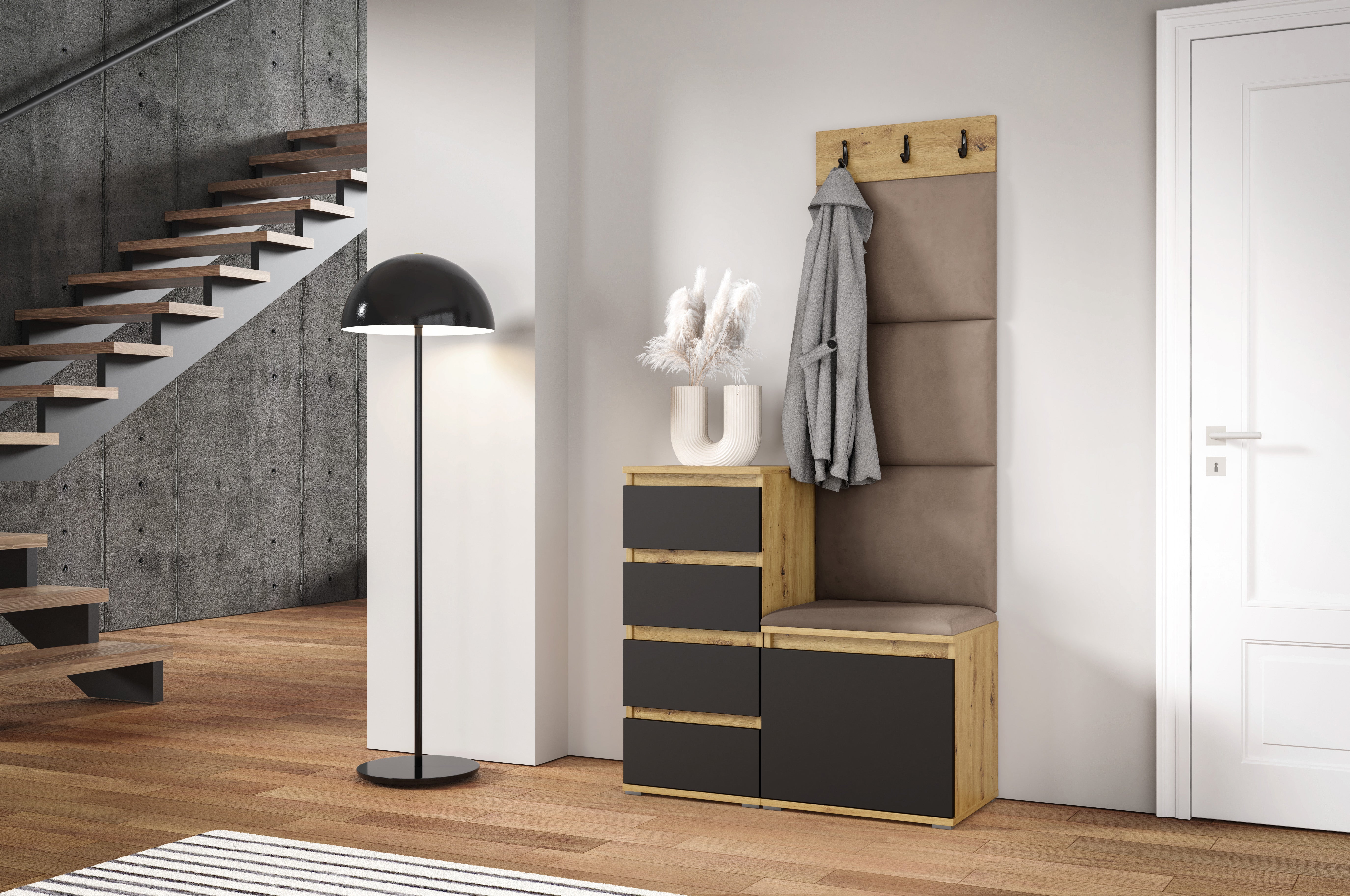 PK Emi 36 Hallway Wardrobe Aristan Oak\Black - Upholstered Panels in Various Colours