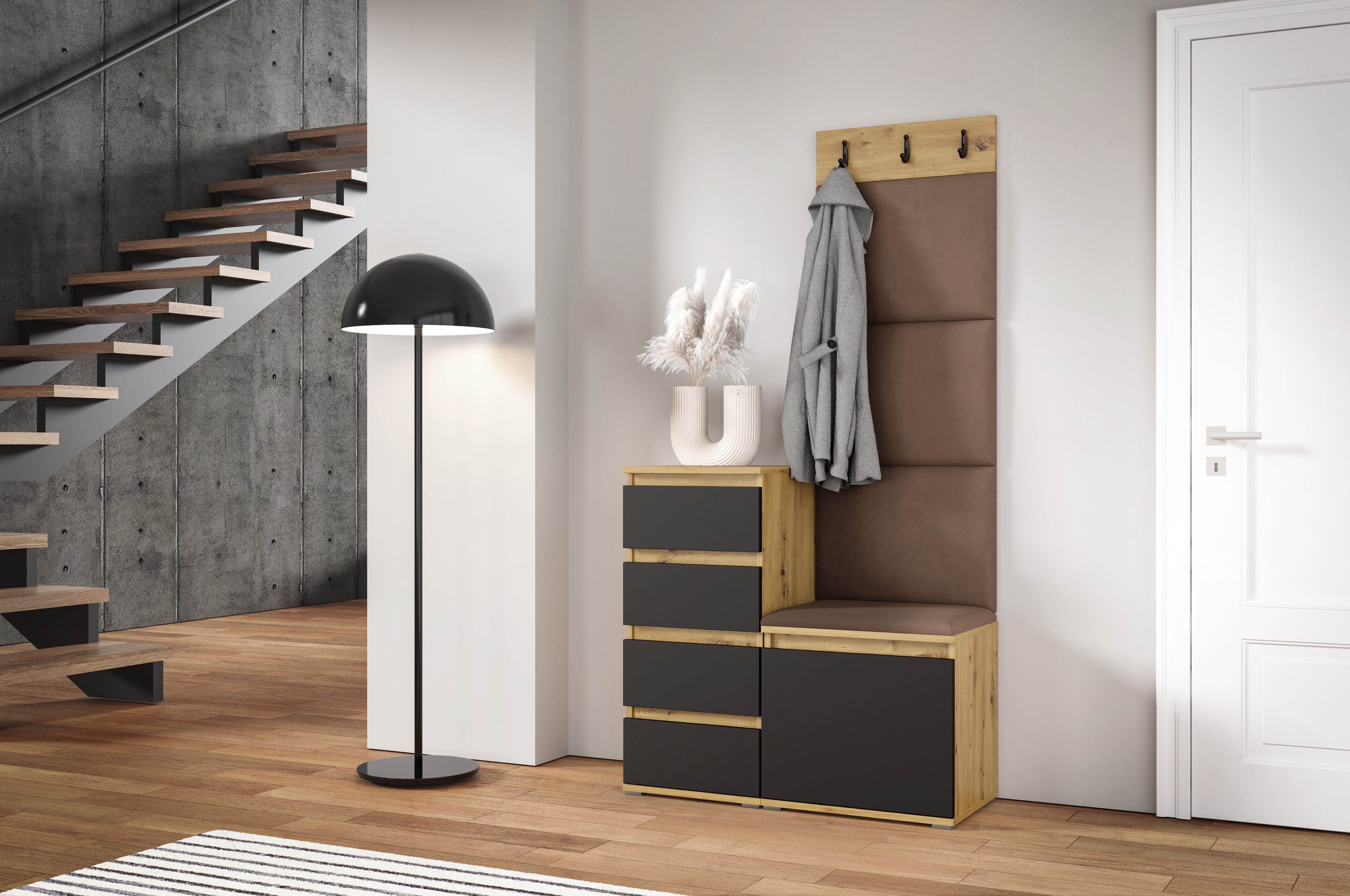 PK Emi 36 Hallway Wardrobe Aristan Oak\Black - Upholstered Panels in Various Colours