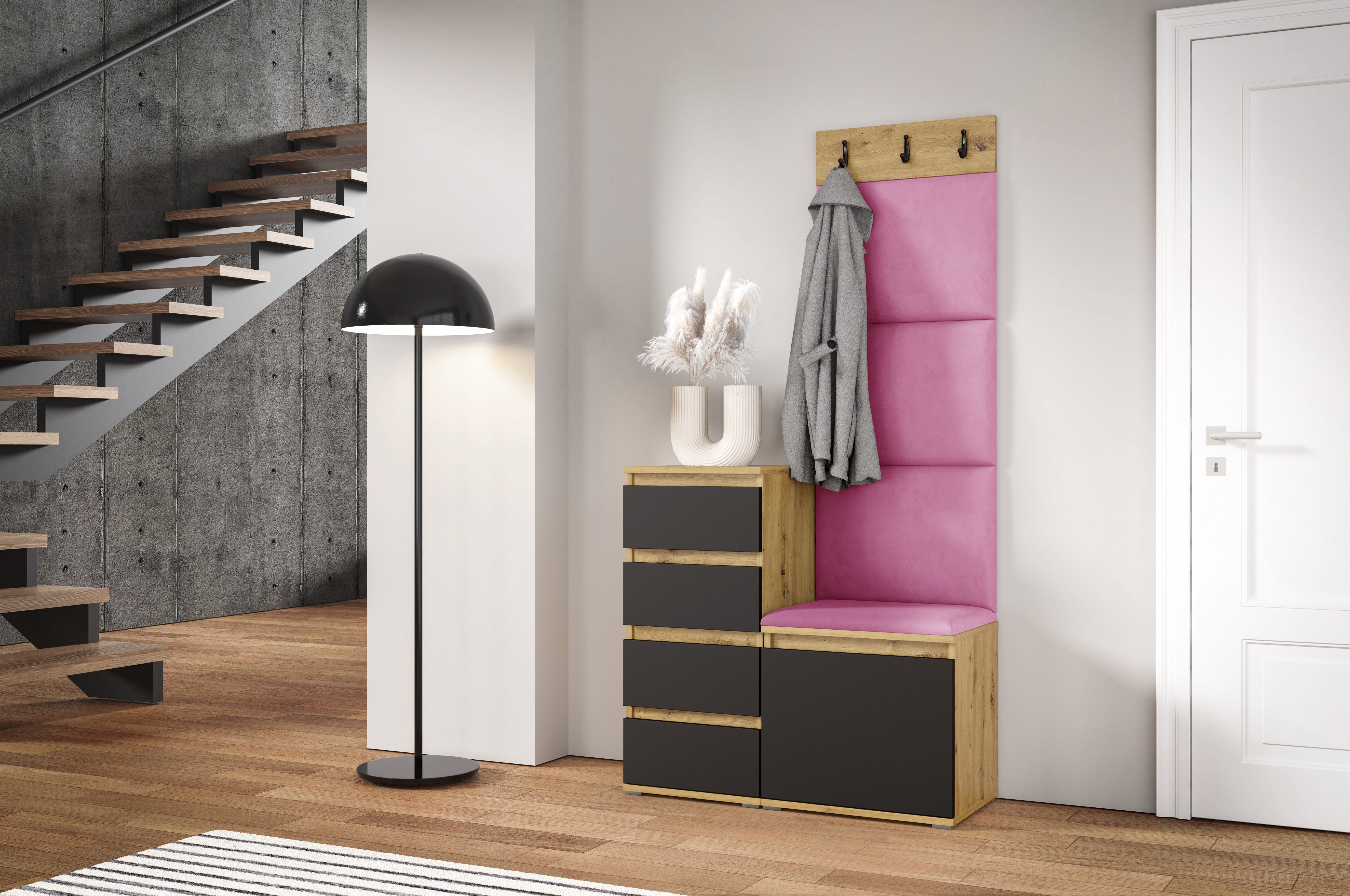 PK Emi 36 Hallway Wardrobe Aristan Oak\Black - Upholstered Panels in Various Colours